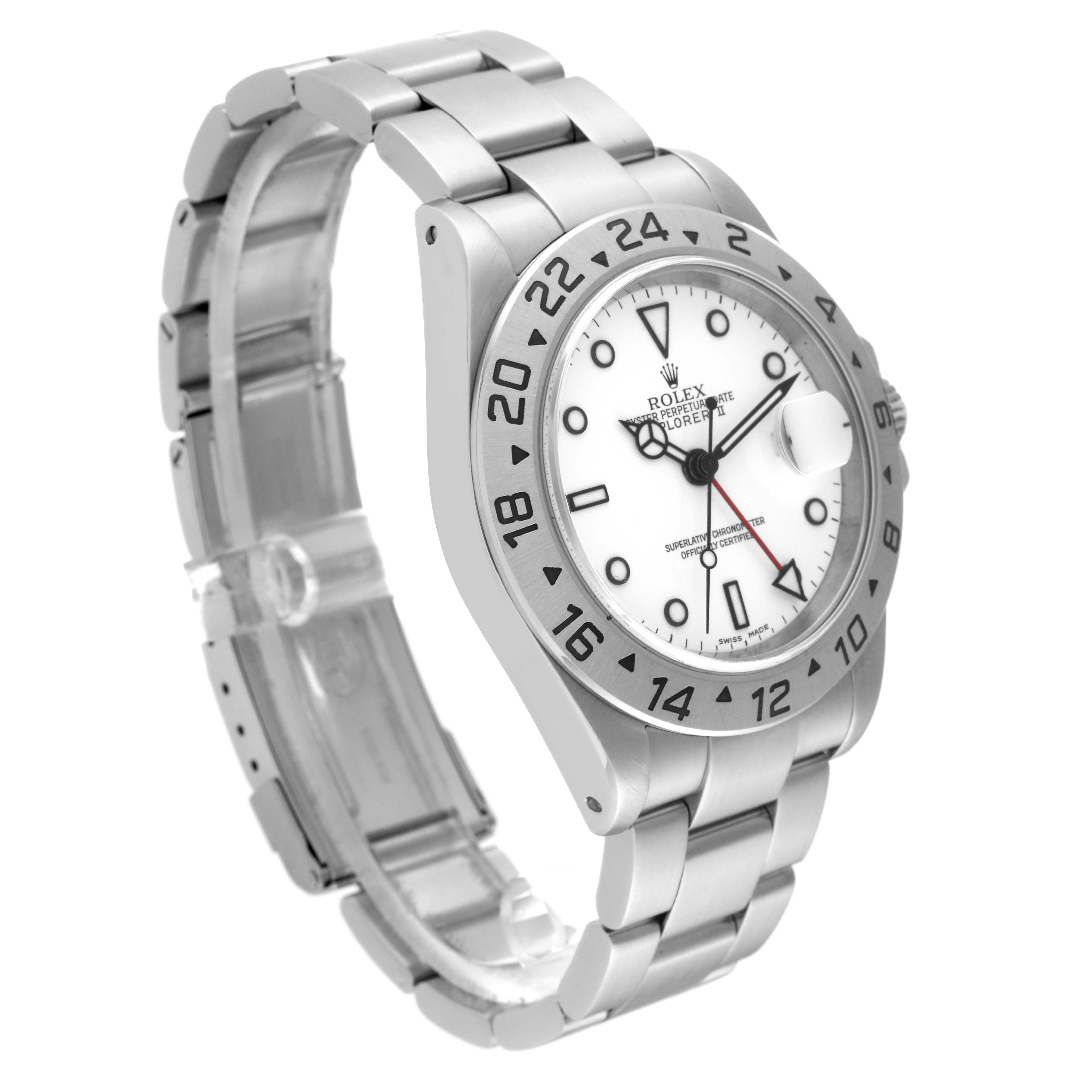 This image shows a side angle of the Rolex Explorer 16570 Men's Stainless Steel White Dial 16570 Men's Stainless Steel White Dial watch, highlighting its dial, bezel, and bracelet.