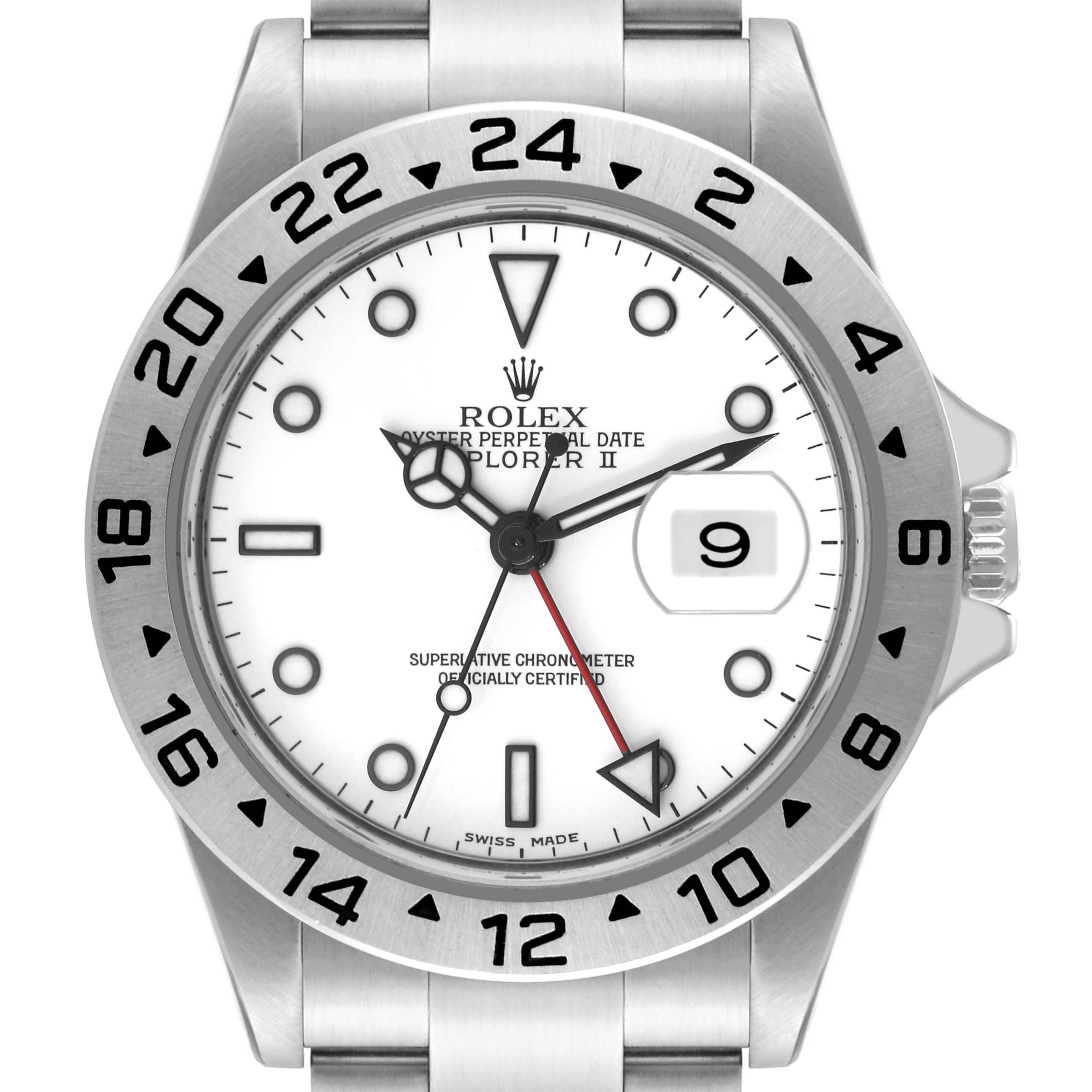 The image shows a front view of the Rolex Explorer 16570 Men's Stainless Steel White Dial 16570 Men's Stainless Steel White Dial watch, displaying the dial, bezel, bracelet, and date window.