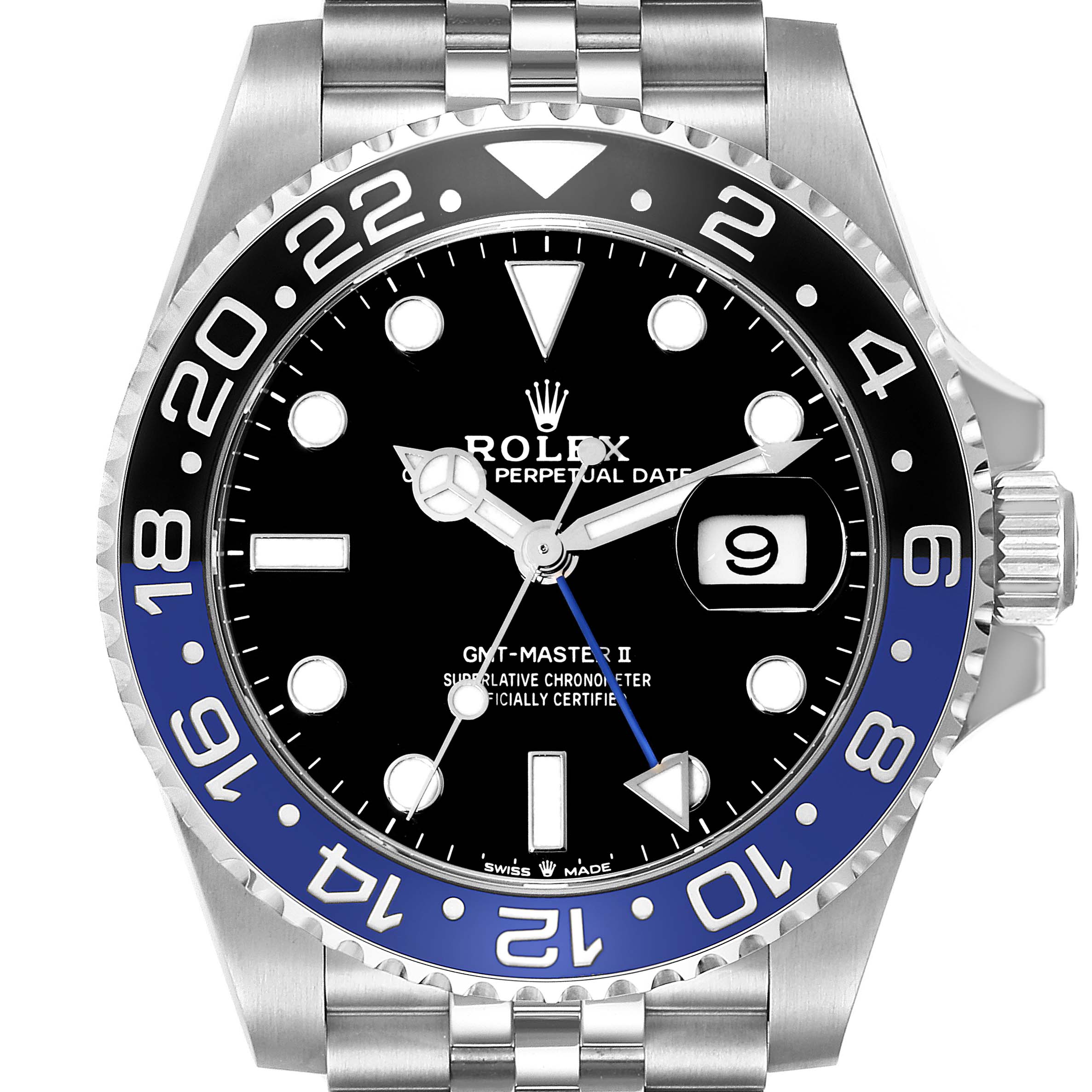 This image shows a front view of the Rolex GMT-Master 126710BLNR Men's Stainless Steel Black Dial 126710BLNR Men's Stainless Steel Black Dial II watch, highlighting its bi-color bezel, dial, and bracelet.