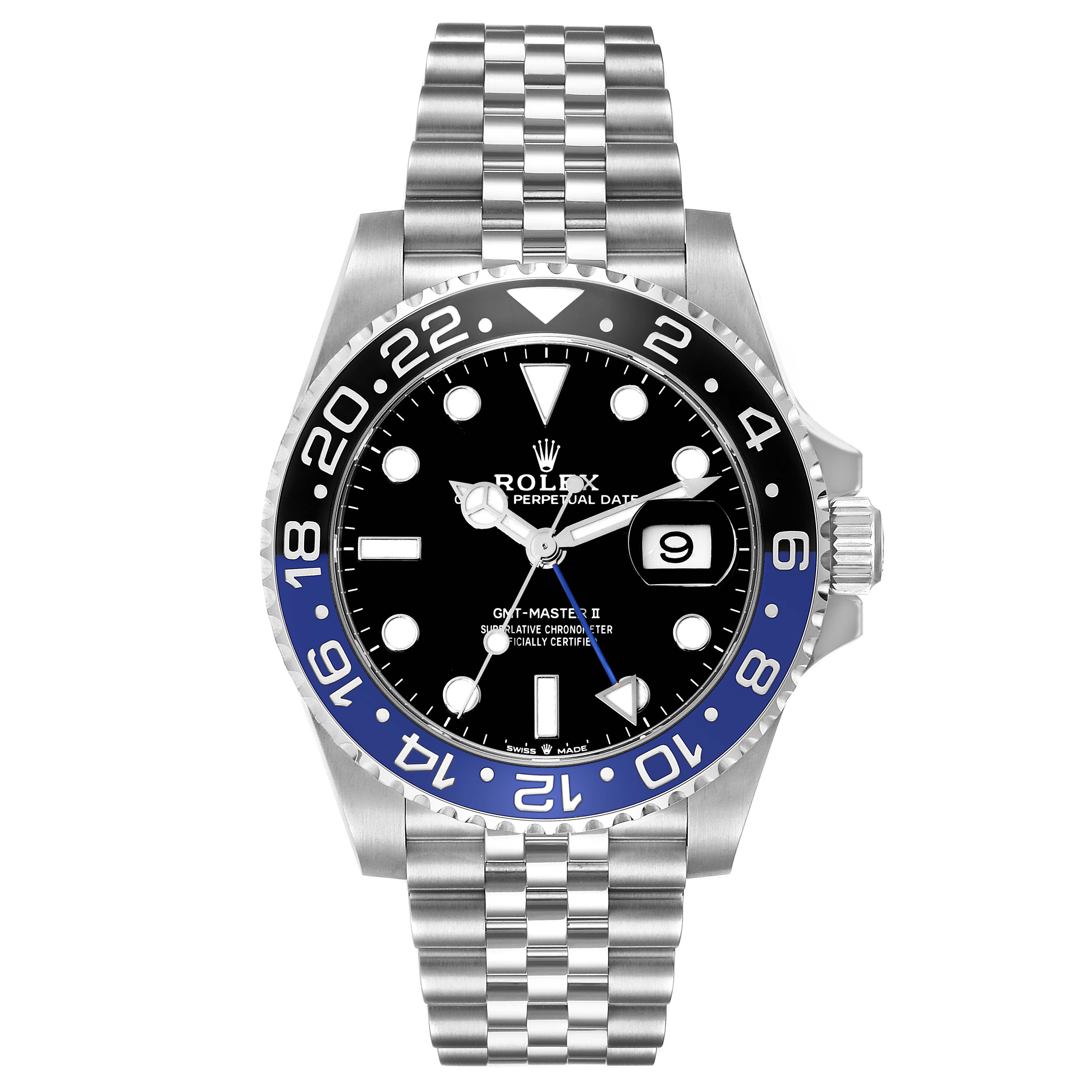The Rolex GMT-Master 126710BLNR Men's Stainless Steel Black Dial 126710BLNR Men's Stainless Steel Black Dial II watch is shown from a front angle, highlighting the bezel, dial, and bracelet.