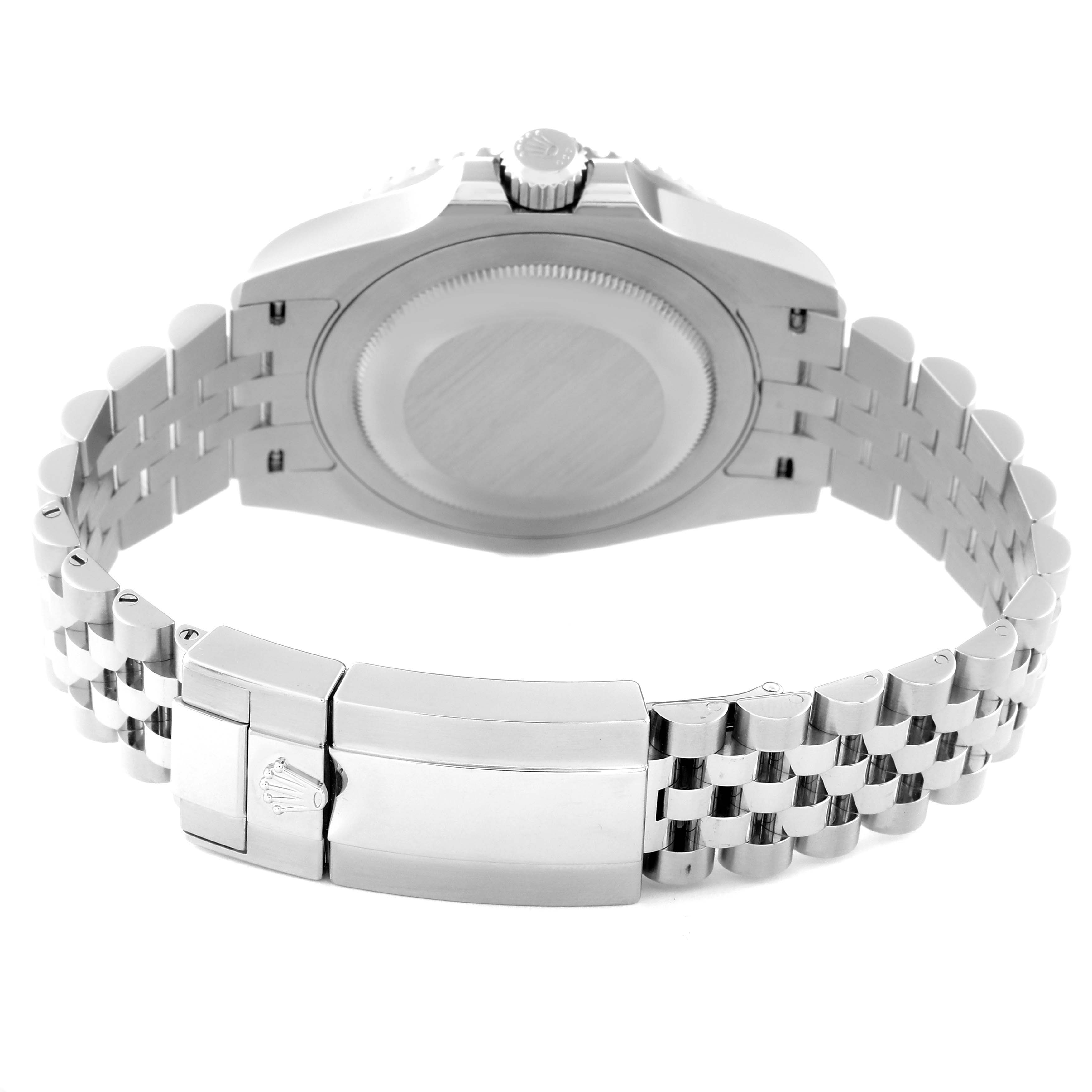 This image shows the back case and bracelet clasp of a Rolex GMT-Master 126710BLNR Men's Stainless Steel Black Dial 126710BLNR Men's Stainless Steel Black Dial watch from a rear view angle.