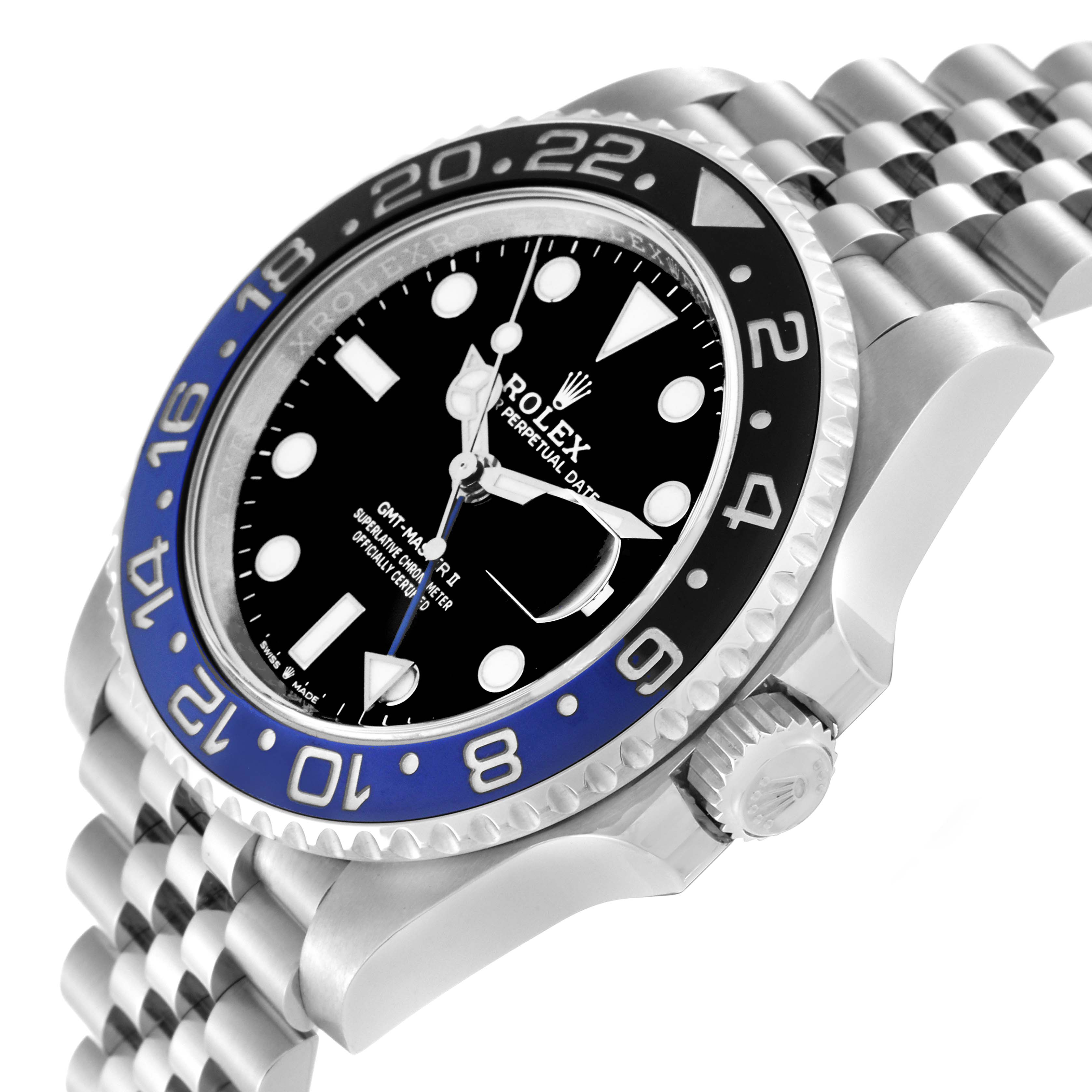 The image shows a Rolex GMT-Master 126710BLNR Men's Stainless Steel Black Dial 126710BLNR Men's Stainless Steel Black Dial watch from the front side-angle, highlighting the face, bezel, crown, and part of the bracelet.