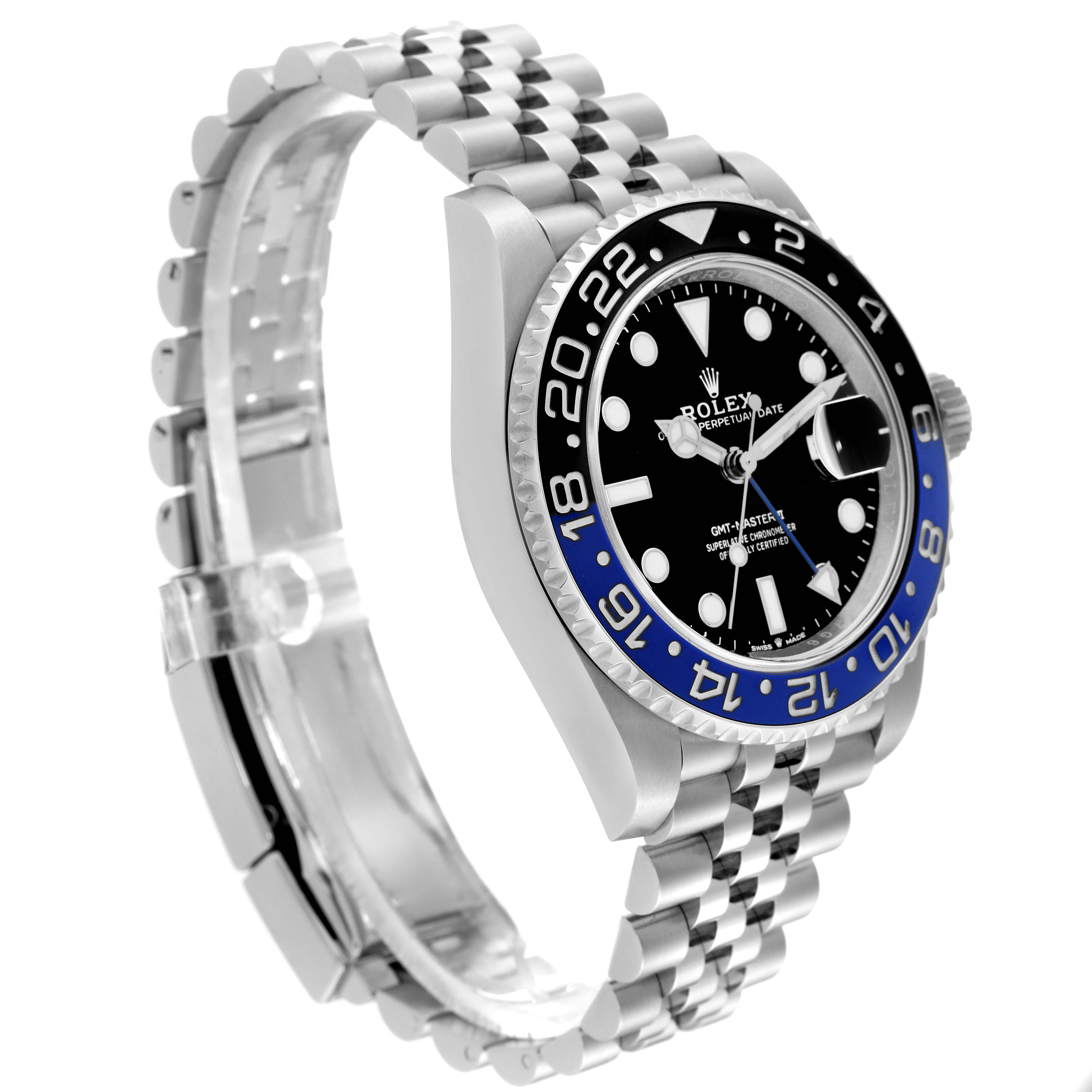This image shows a side view of the Rolex GMT-Master 126710BLNR Men's Stainless Steel Black Dial 126710BLNR Men's Stainless Steel Black Dial watch, highlighting the bezel, dial, and part of the bracelet.