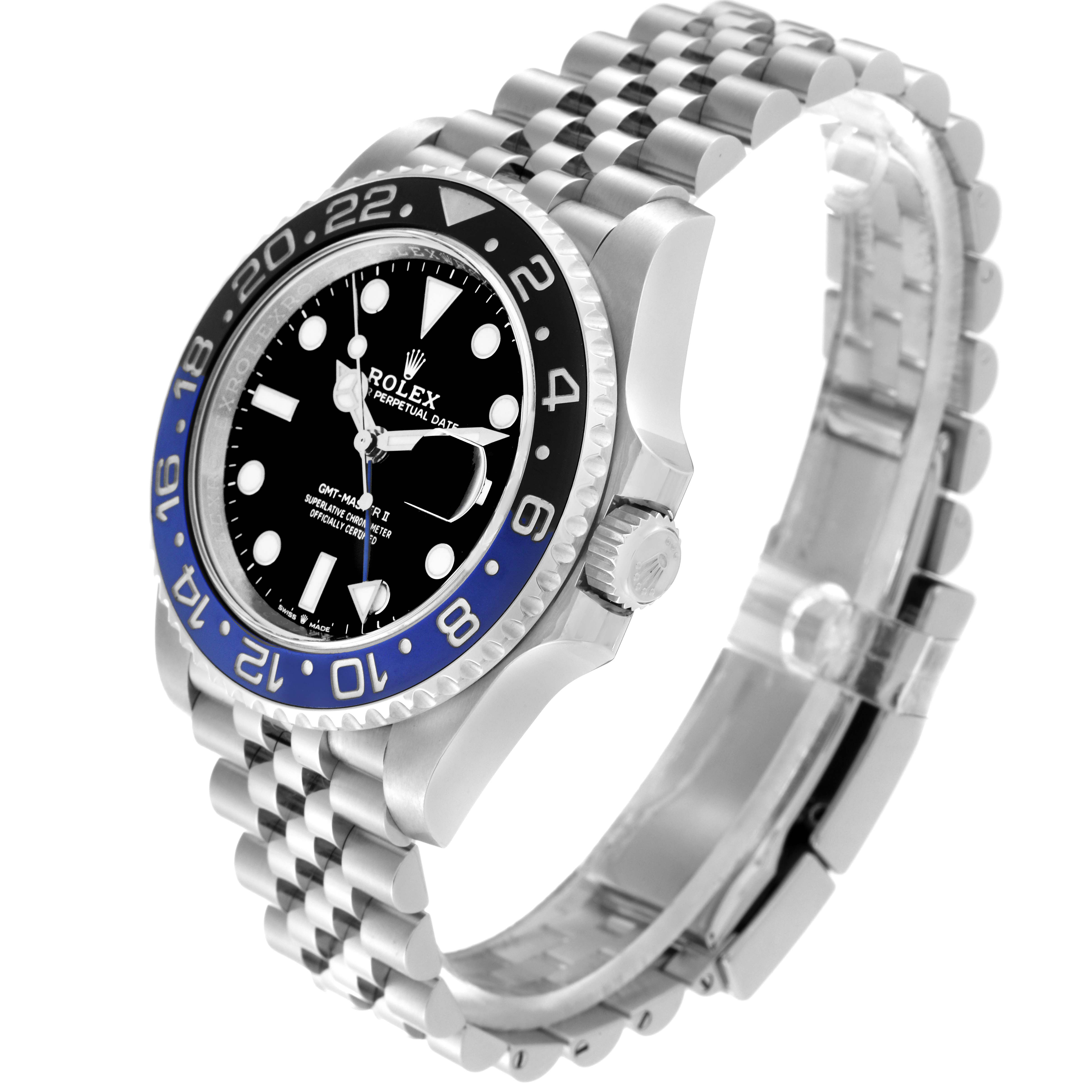 The image shows a side angle view of a Rolex GMT-Master 126710BLNR Men's Stainless Steel Black Dial 126710BLNR Men's Stainless Steel Black Dial watch, highlighting its bezel, dial, crown, and bracelet.
