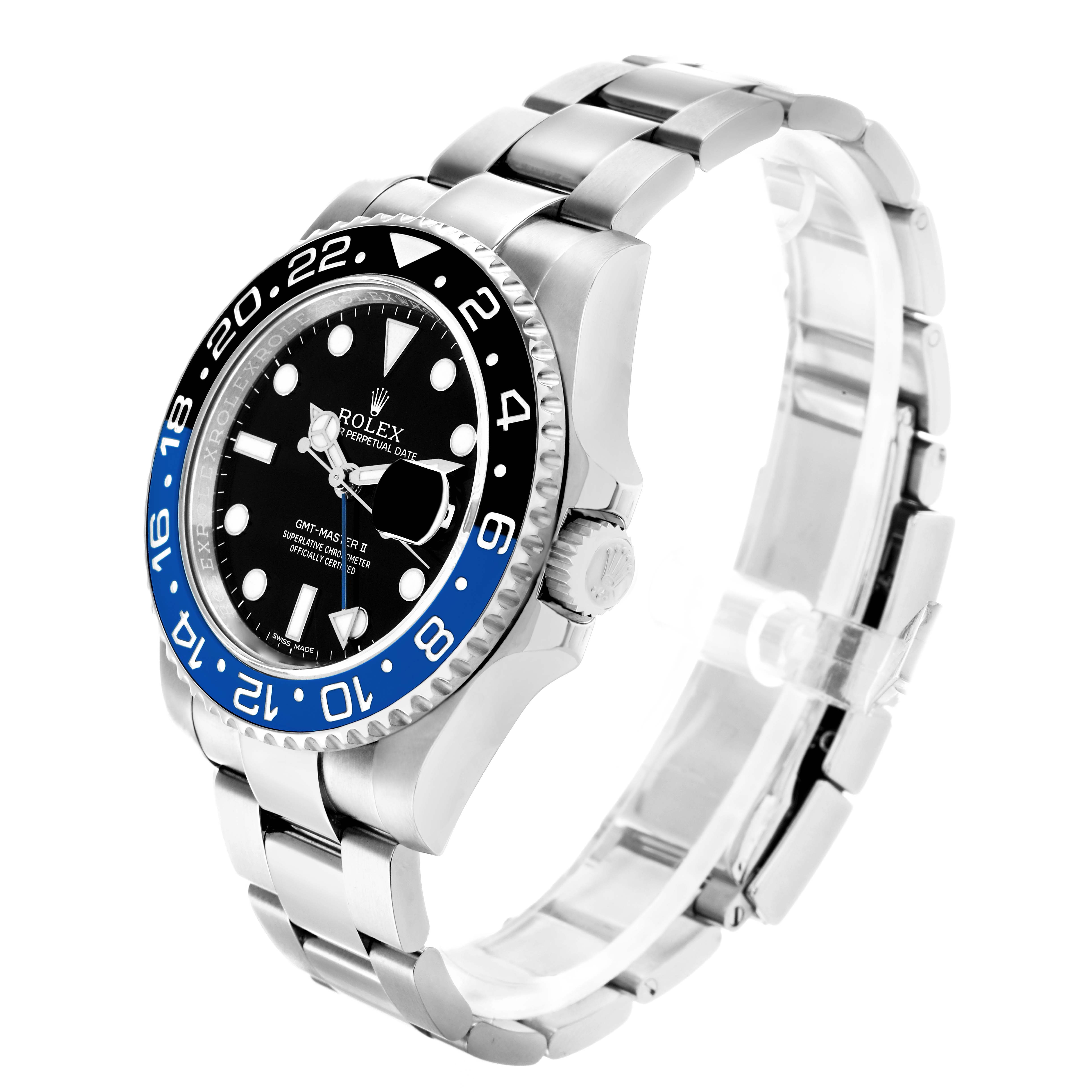 The Rolex GMT-Master 116710 Men
s Stainless Steel Black Dial watch is shown at a three-quarter angle, displaying the bezel, face, crown, and bracelet.
