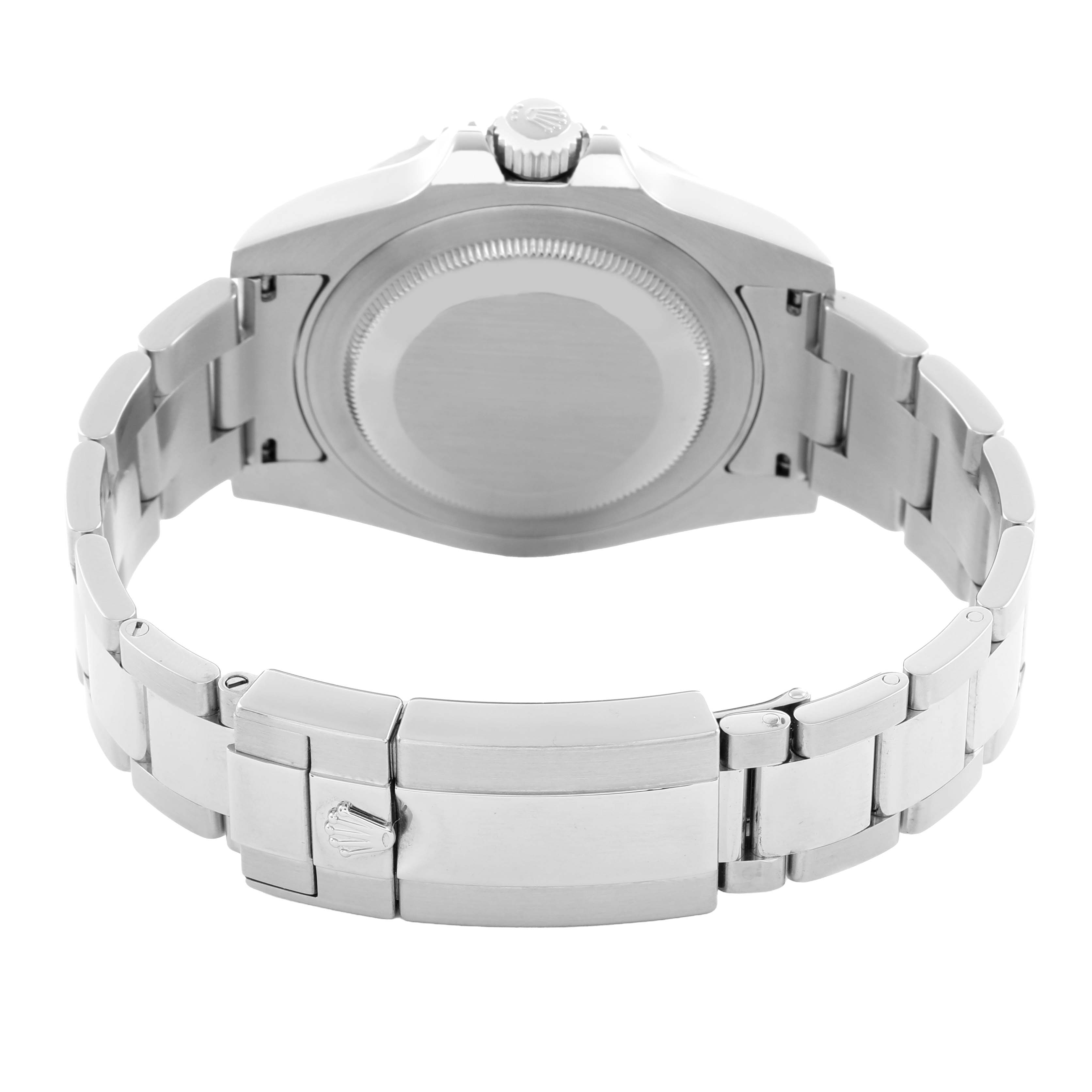 The image shows the back of a Rolex GMT-Master 116710 Men
s Stainless Steel Black Dial, highlighting the case back, bracelet links, and clasp.