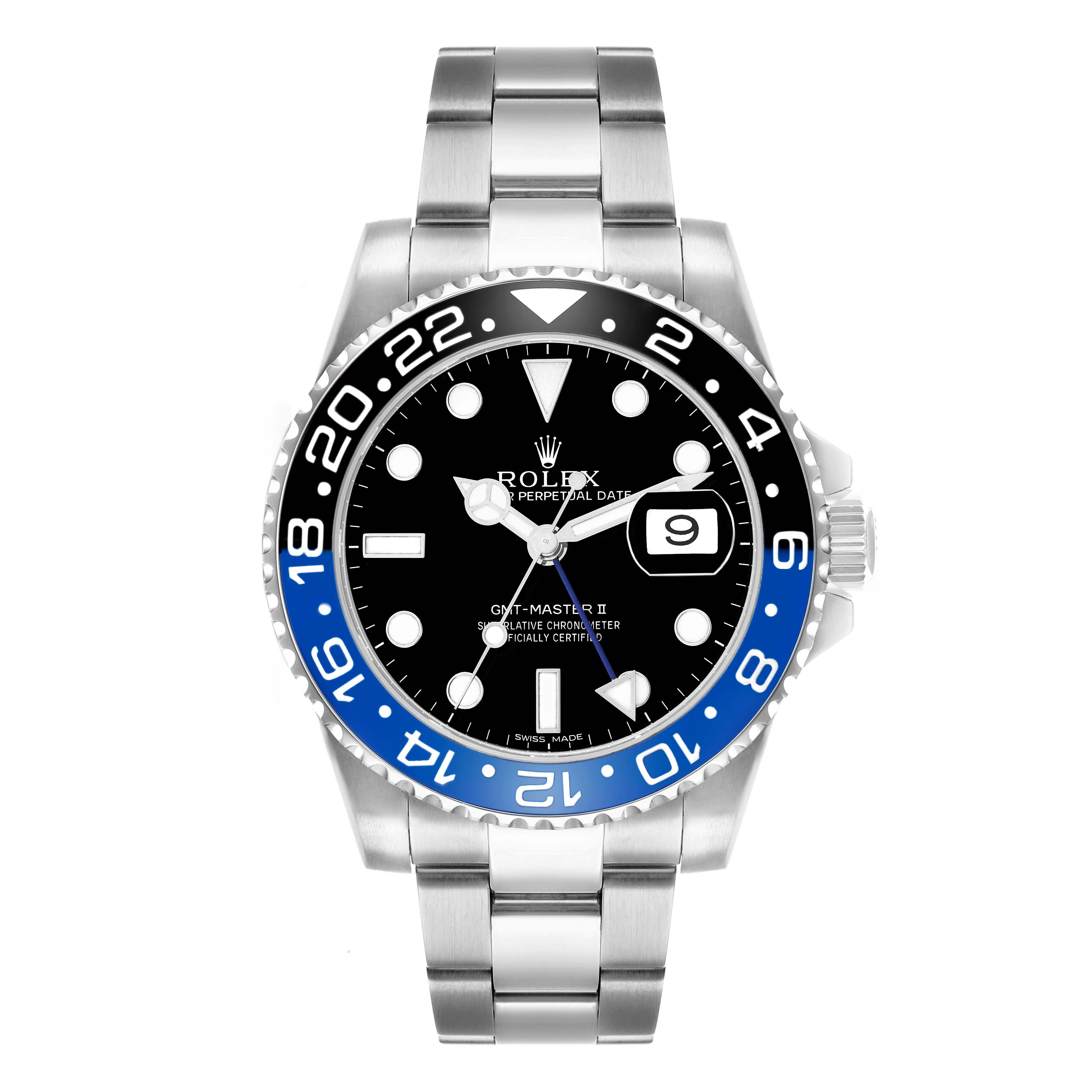 The Rolex GMT-Master 116710 Men
s Stainless Steel Black Dial II watch is shown from a top view, displaying the bezel, dial, hour markers, hands, and bracelet.
