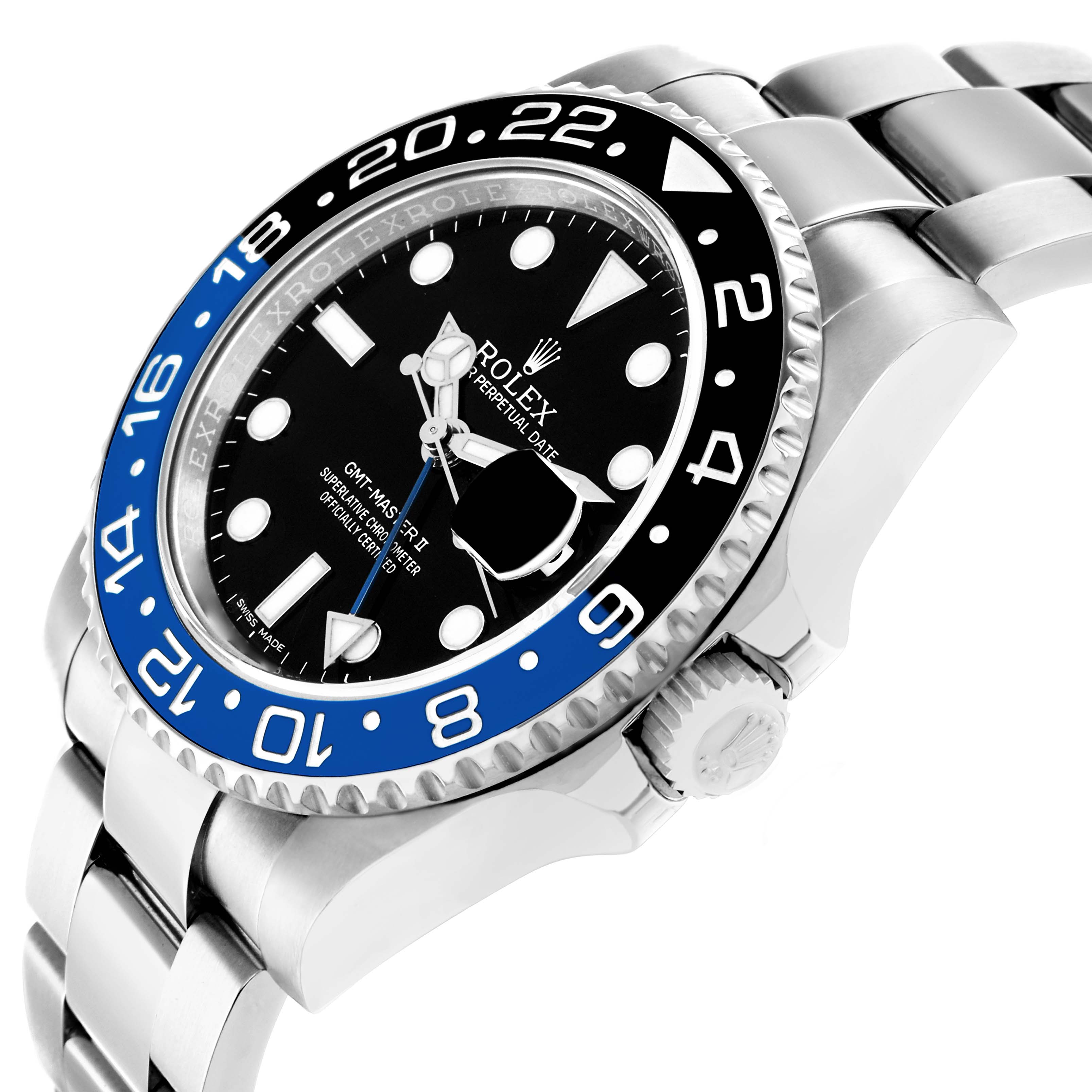 The image shows a side angle of the Rolex GMT-Master 116710 Men
s Stainless Steel Black Dial, highlighting the watch face, bezel, and bracelet.