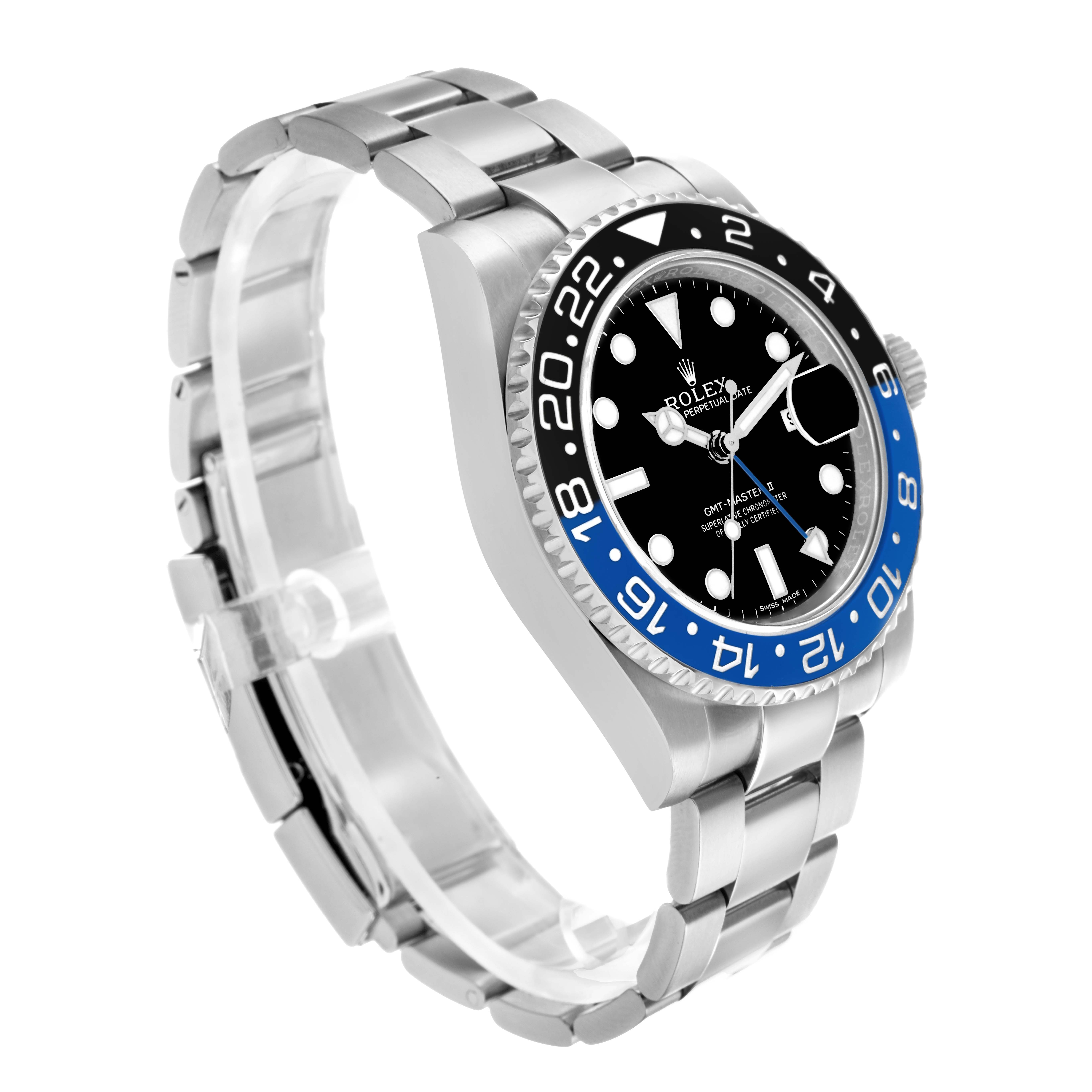 The Rolex GMT-Master 116710 Men
s Stainless Steel Black Dial watch is shown at a three-quarter angle, highlighting the bezel, dial, bracelet, and crown.