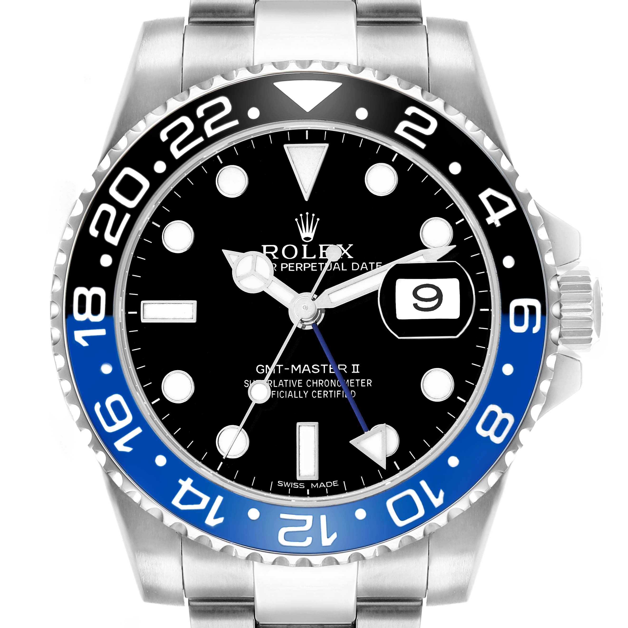 The Rolex GMT-Master 116710 Men
s Stainless Steel Black Dial watch is shown from the front, displaying the bezel, dial, hands, and date window.