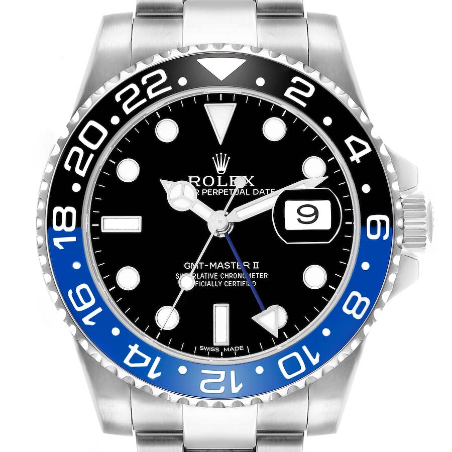 The Rolex GMT-Master 116710 Men's Stainless Steel Black Dial watch is shown from the front, displaying the bezel, dial, hands, and date window.