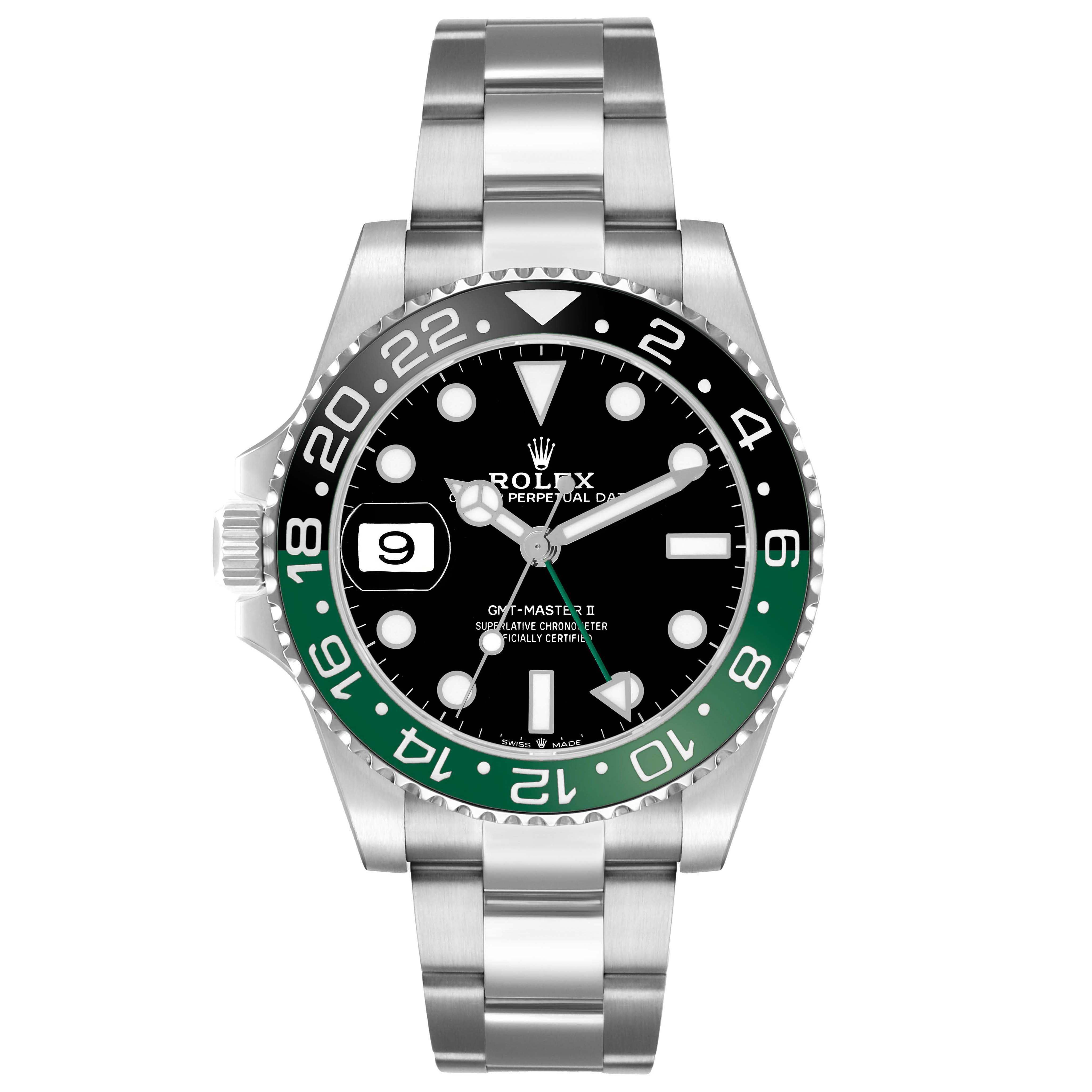 The Rolex GMT-Master 126720VTNR Men's Stainless Steel Black Dial watch is shown from the front, highlighting its bezel, dial, and bracelet.