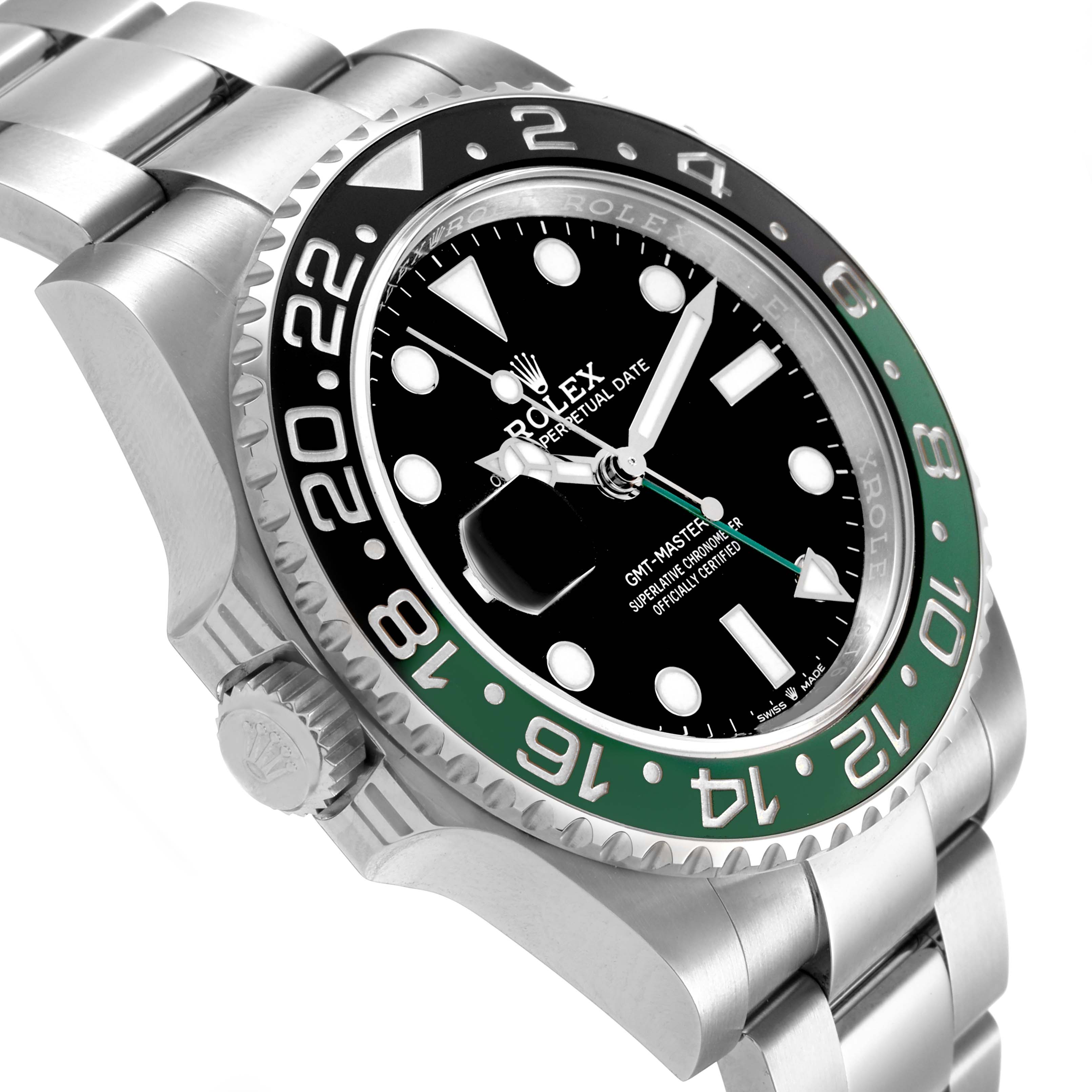 The Rolex GMT-Master 126720VTNR Men's Stainless Steel Black Dial watch is shown from a side angle highlighting the bezel, crown, case, and part of the bracelet.