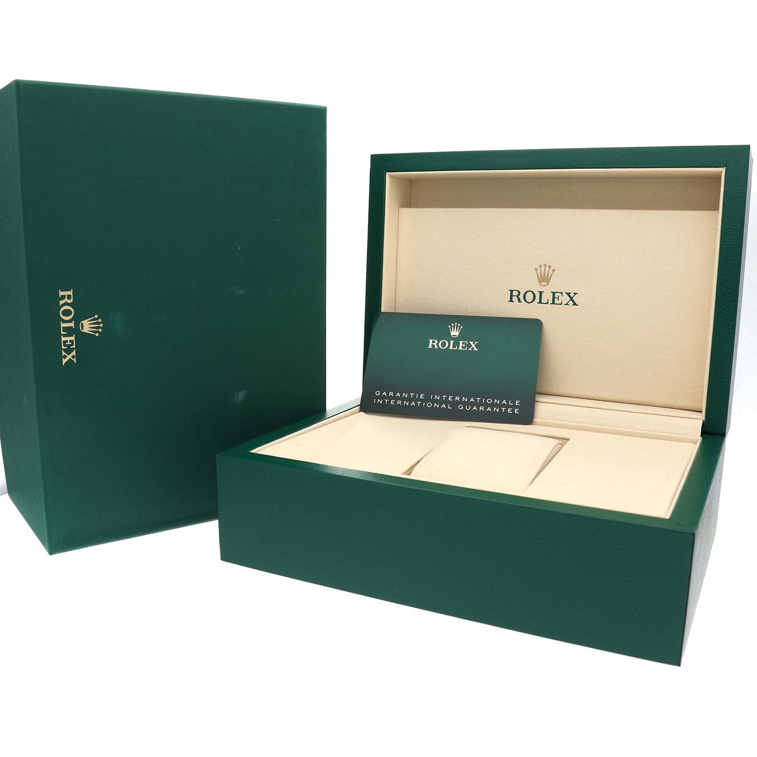 The image shows an open and closed box for the Rolex GMT-Master 126720VTNR Men's Stainless Steel Black Dial, with the warranty card and interior compartments visible.