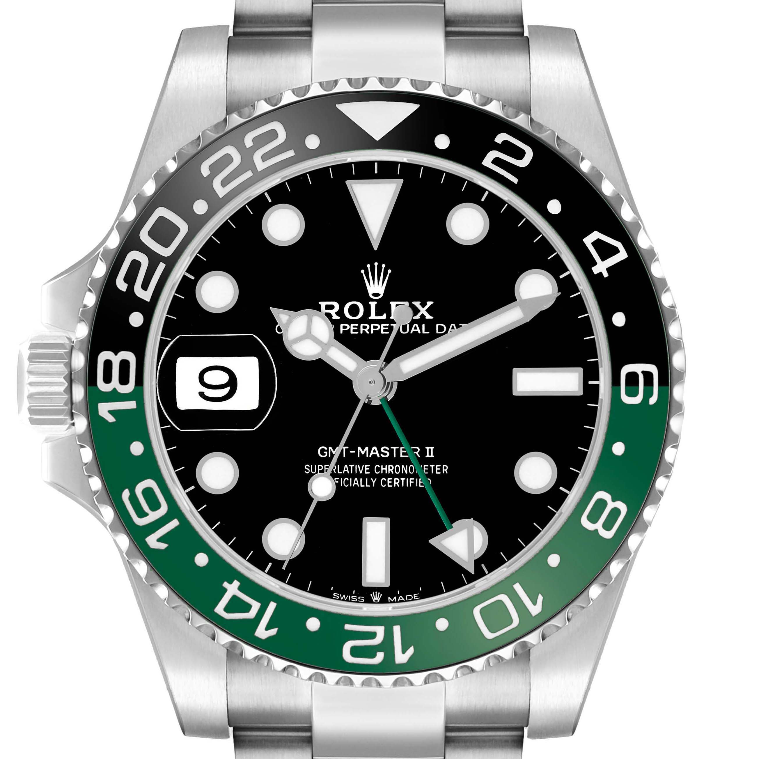 The Rolex GMT-Master 126720VTNR Men's Stainless Steel Black Dial watch is shown from a front view, highlighting the bezel, dial, and date window.