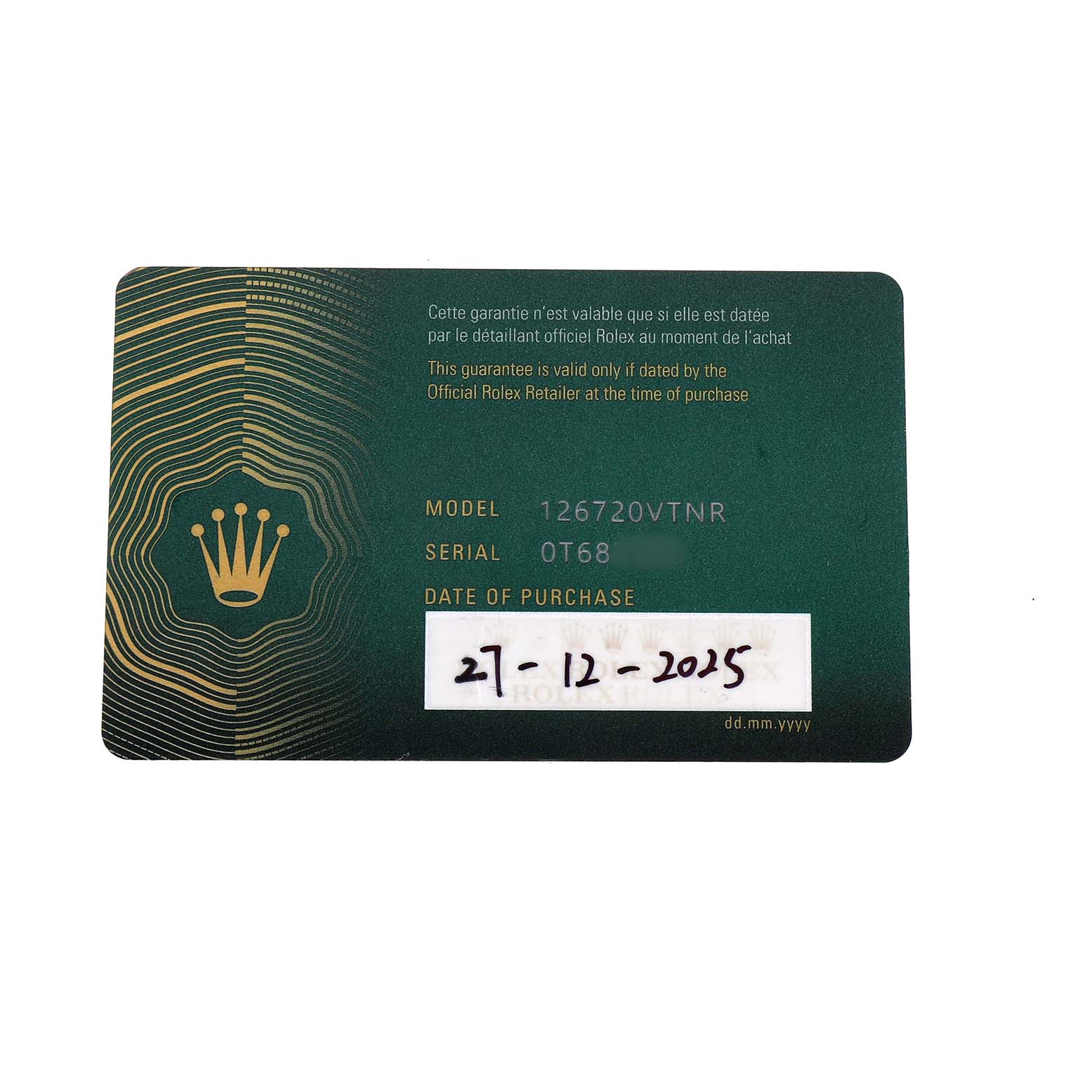 The image shows a warranty card for the Rolex GMT-Master 126720VTNR Men's Stainless Steel Black Dial, displaying model, serial number, and purchase date.