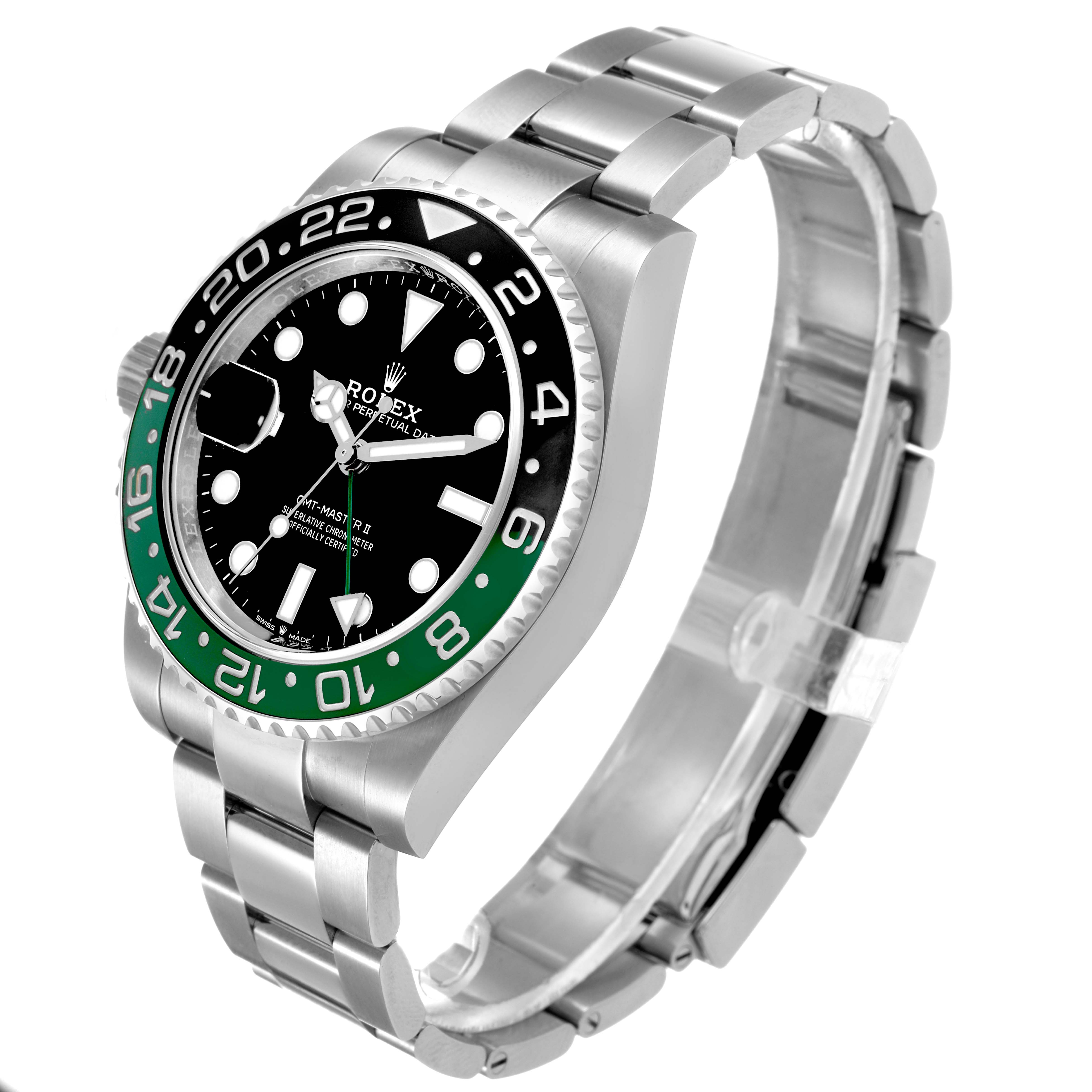 The Rolex GMT-Master 126720VTNR Men's Stainless Steel Black Dial model is shown at a slight side angle, highlighting the bezel, dial, and bracelet.