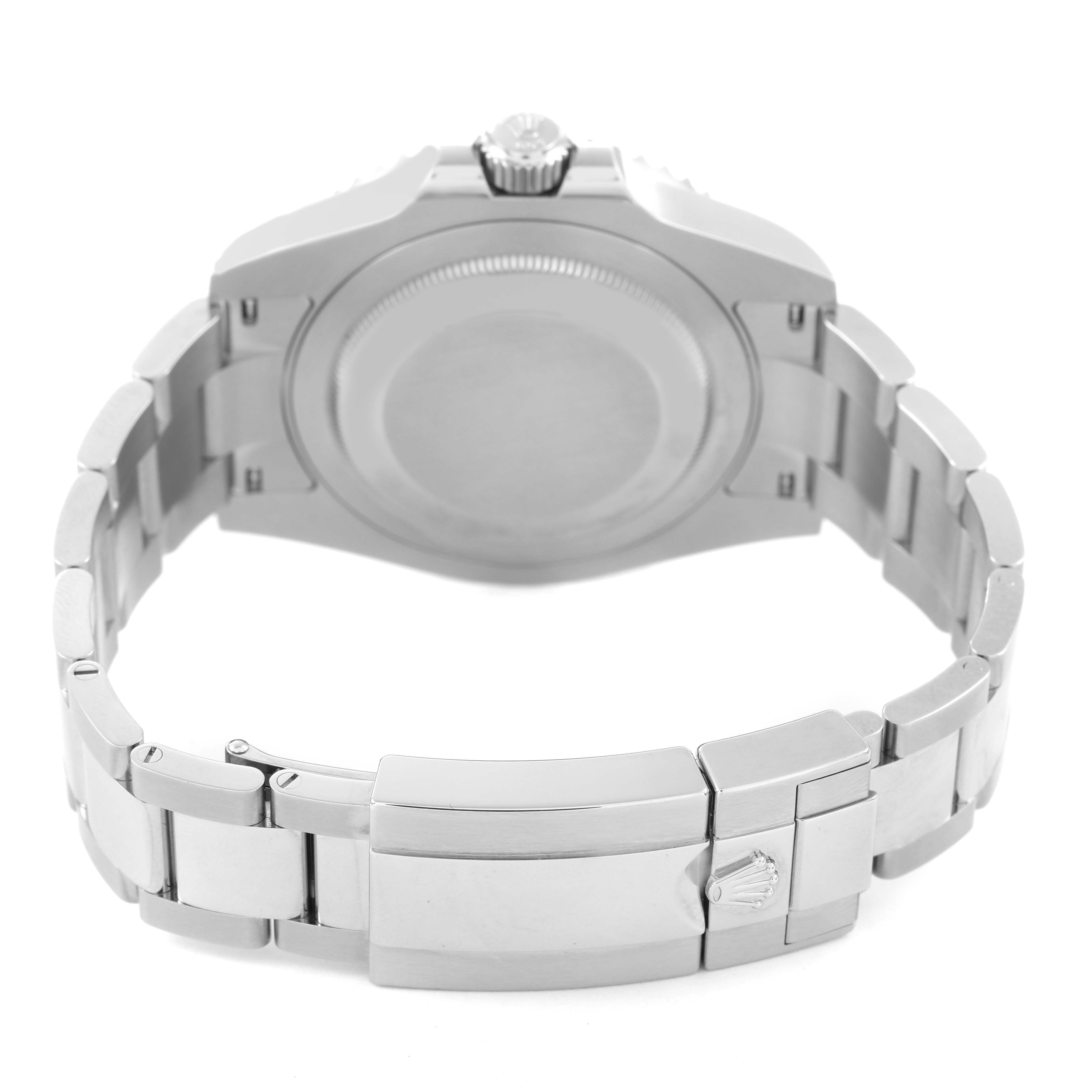 The image shows the back view of a Rolex GMT-Master 126720VTNR Men's Stainless Steel Black Dial watch, highlighting the bracelet, clasp, and case back.