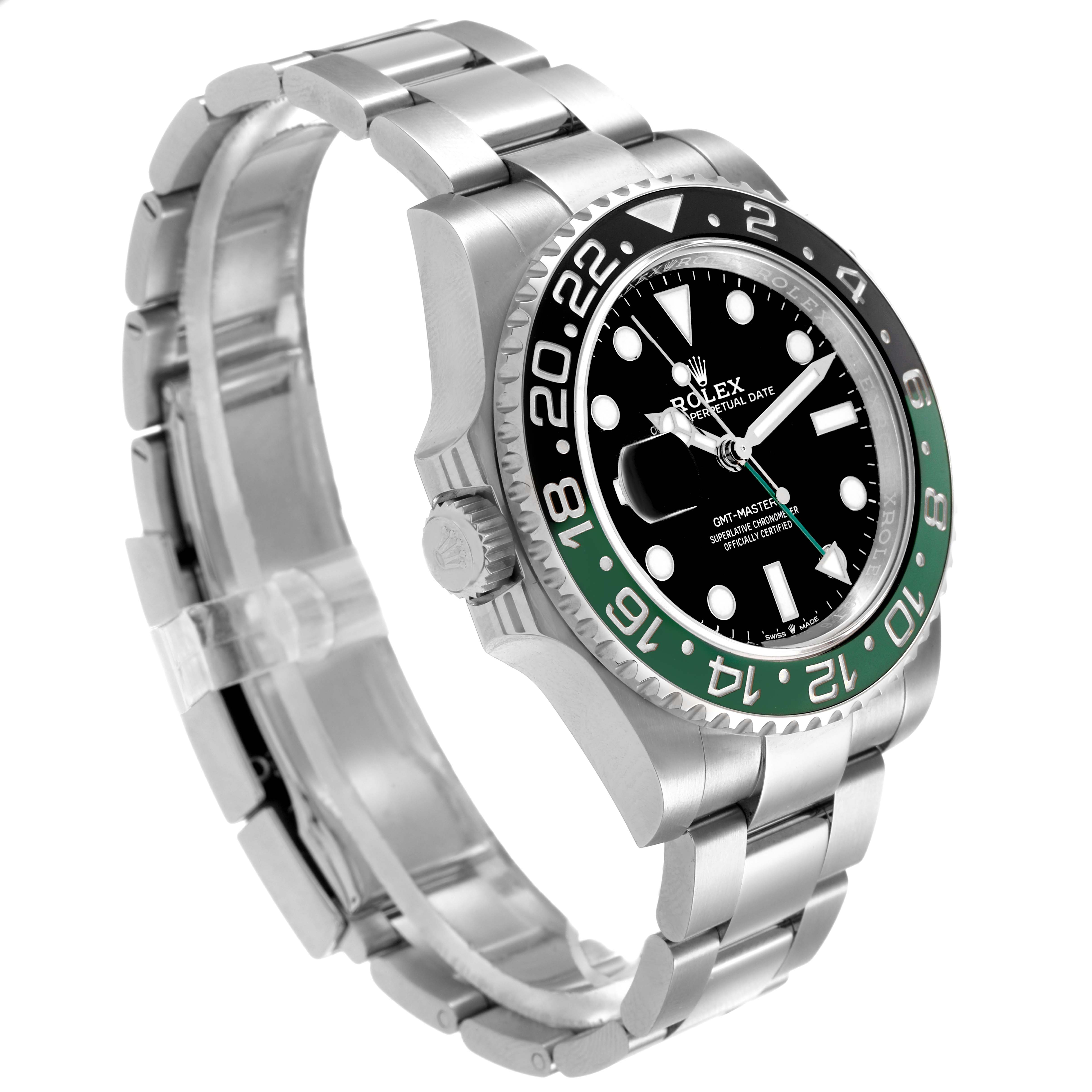 The Rolex GMT-Master 126720VTNR Men's Stainless Steel Black Dial watch is shown at an oblique angle, highlighting the bezel, dial, crown, and bracelet.