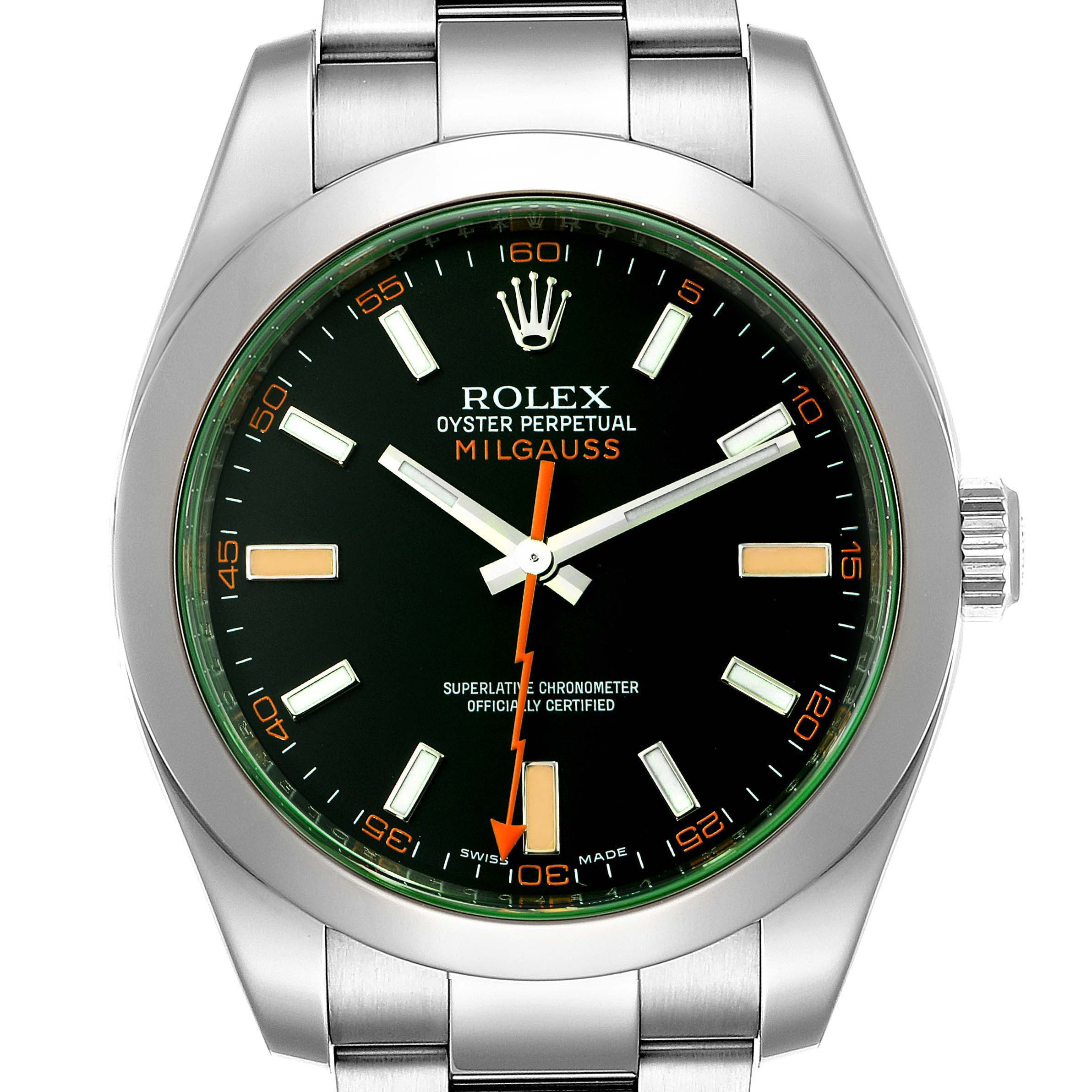 This image shows a Rolex Milgauss 116400GV Men's Stainless Steel Black Dial 116400GV Men's Stainless Steel Black Dial watch from the front, highlighting the dial, hands, case, and part of the bracelet.