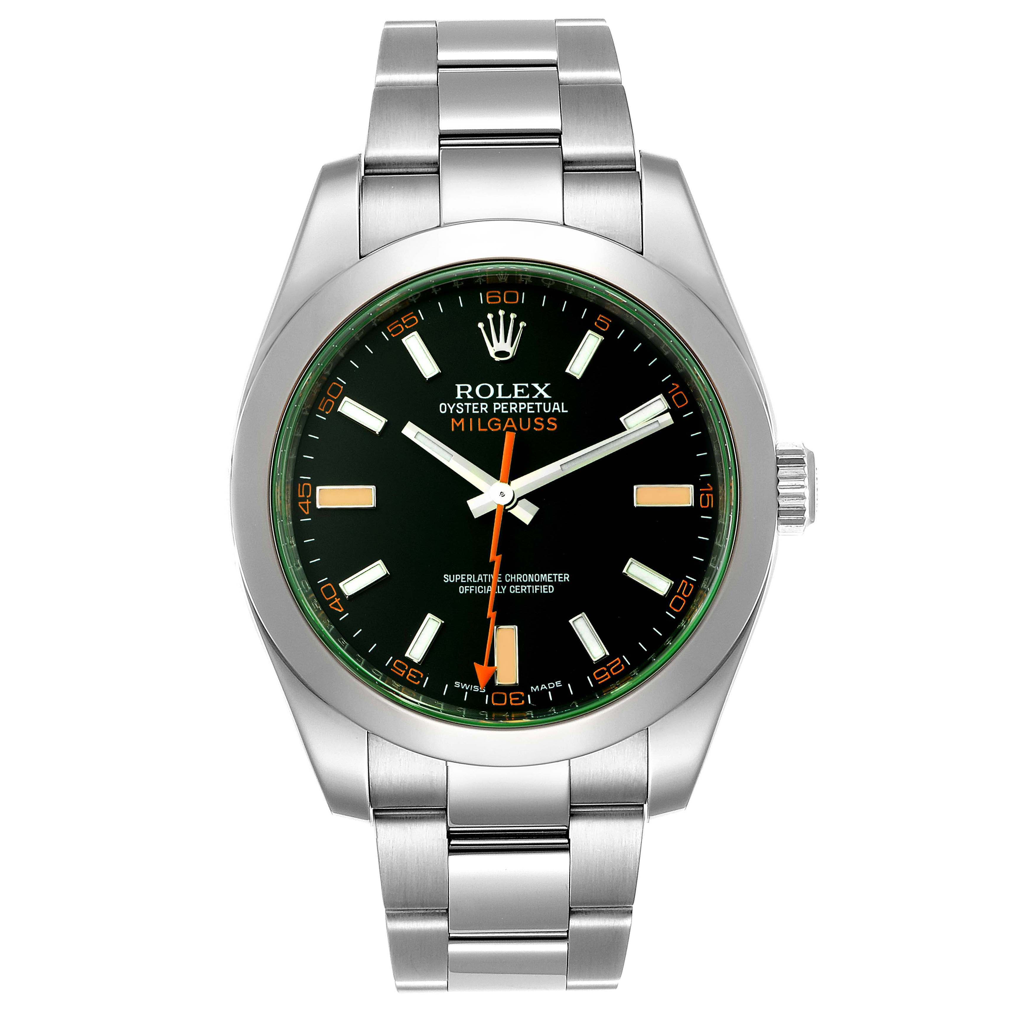 This is a front view of a Rolex Milgauss 116400GV Men's Stainless Steel Black Dial 116400GV Men's Stainless Steel Black Dial watch, showing the face, bezel, and stainless steel bracelet.