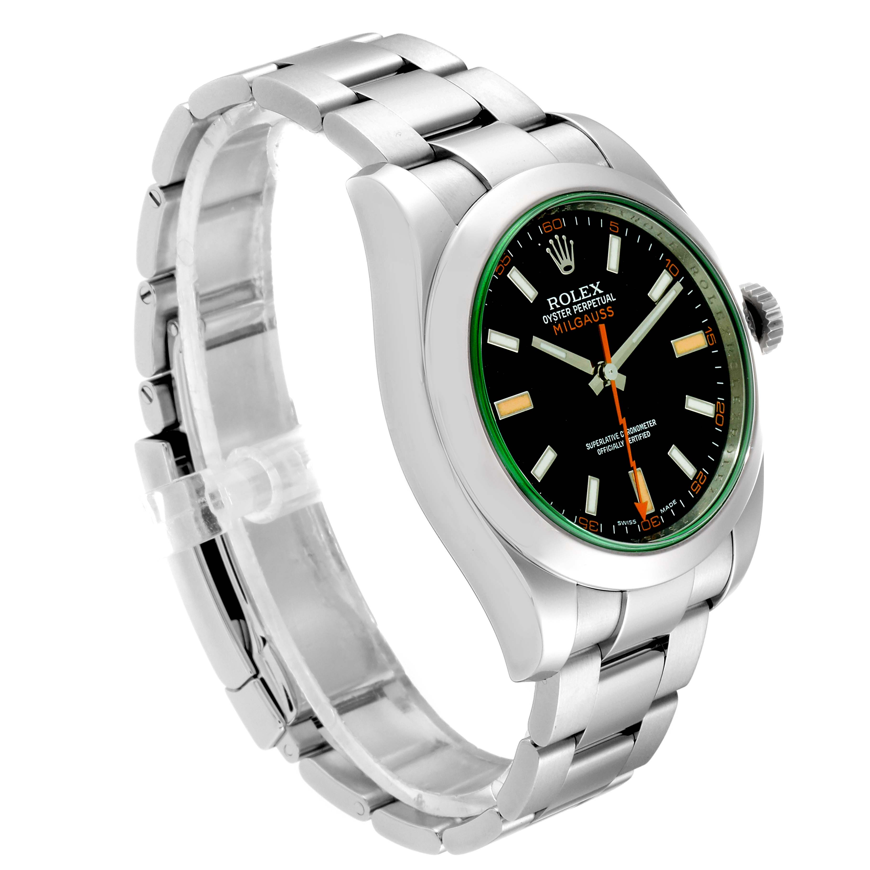 The Rolex Milgauss 116400GV Men's Stainless Steel Black Dial 116400GV Men's Stainless Steel Black Dial watch is shown at an angle, highlighting the bracelet, case, and dial with distinctive green accents.