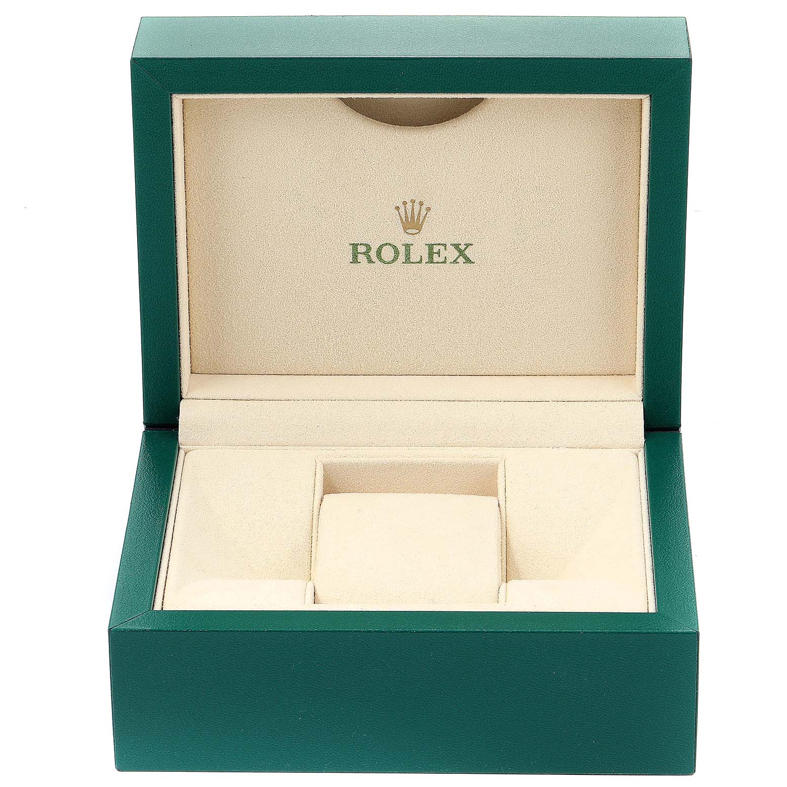 The image shows an open box for a Rolex Milgauss 116400GV Men's Stainless Steel Black Dial 116400GV Men's Stainless Steel Black Dial watch, highlighting the brand logo inside the lid.