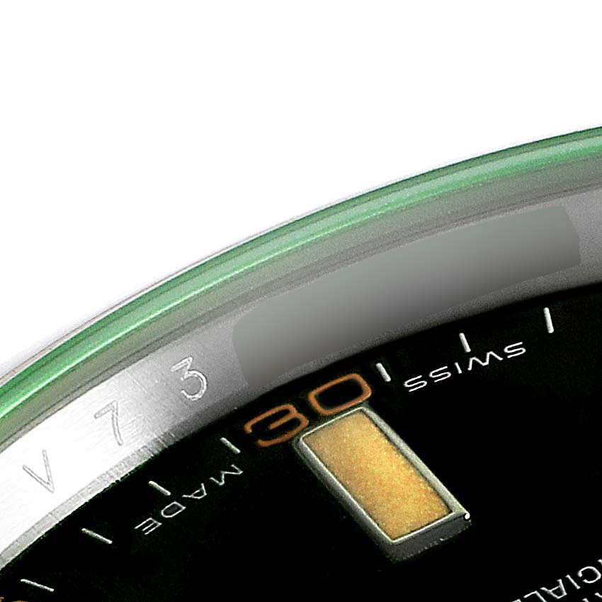 The image shows a close-up of the dial and outer edge of a Rolex Milgauss 116400GV Men's Stainless Steel Black Dial 116400GV Men's Stainless Steel Black Dial watch, highlighting the 30-minute mark and part of the bezel.