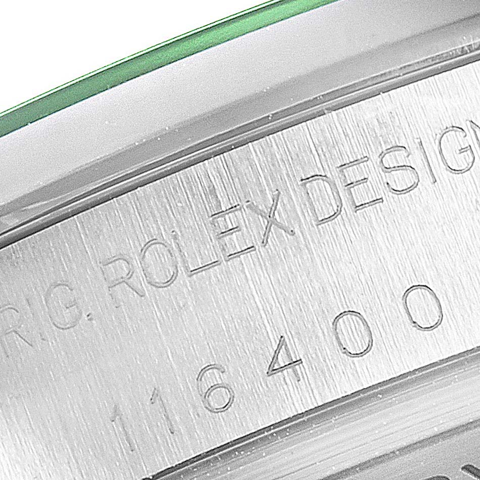 This is a close-up shot of the case side of the Rolex Milgauss 116400GV Men's Stainless Steel Black Dial 116400GV Men's Stainless Steel Black Dial, showing the engraved model number.