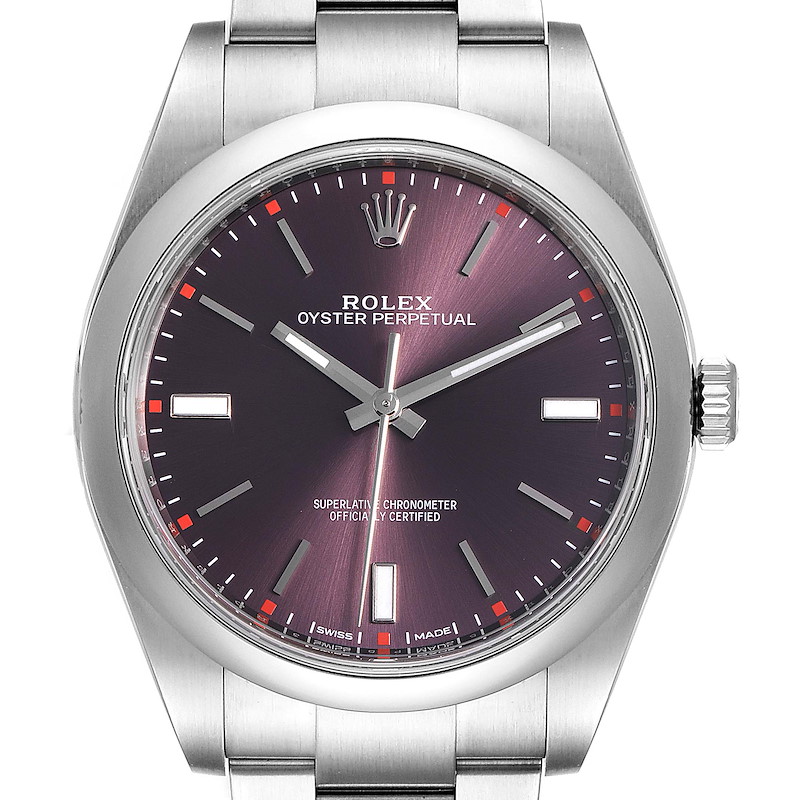 Rolex Oyster Perpetual 39 Red Grape Dial Steel Mens Watch 114300 SwissWatchExpo
