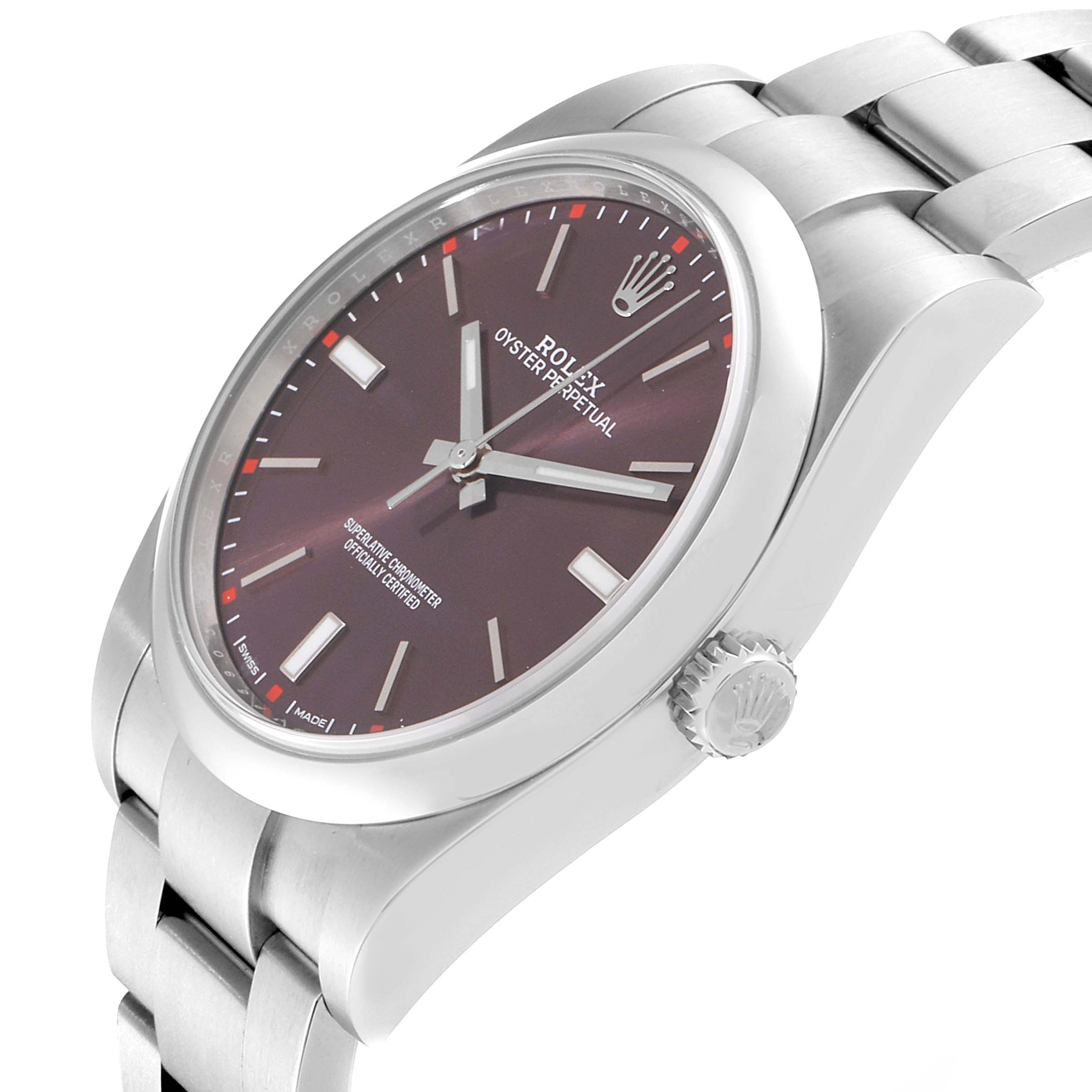 The image shows a Rolex Oyster Perpetual 114300 Men's Stainless Steel Burgundy Dial 114300 Men's Stainless Steel Burgundy Dial watch at a three-quarter angle highlighting the face, crown, and stainless steel bracelet.