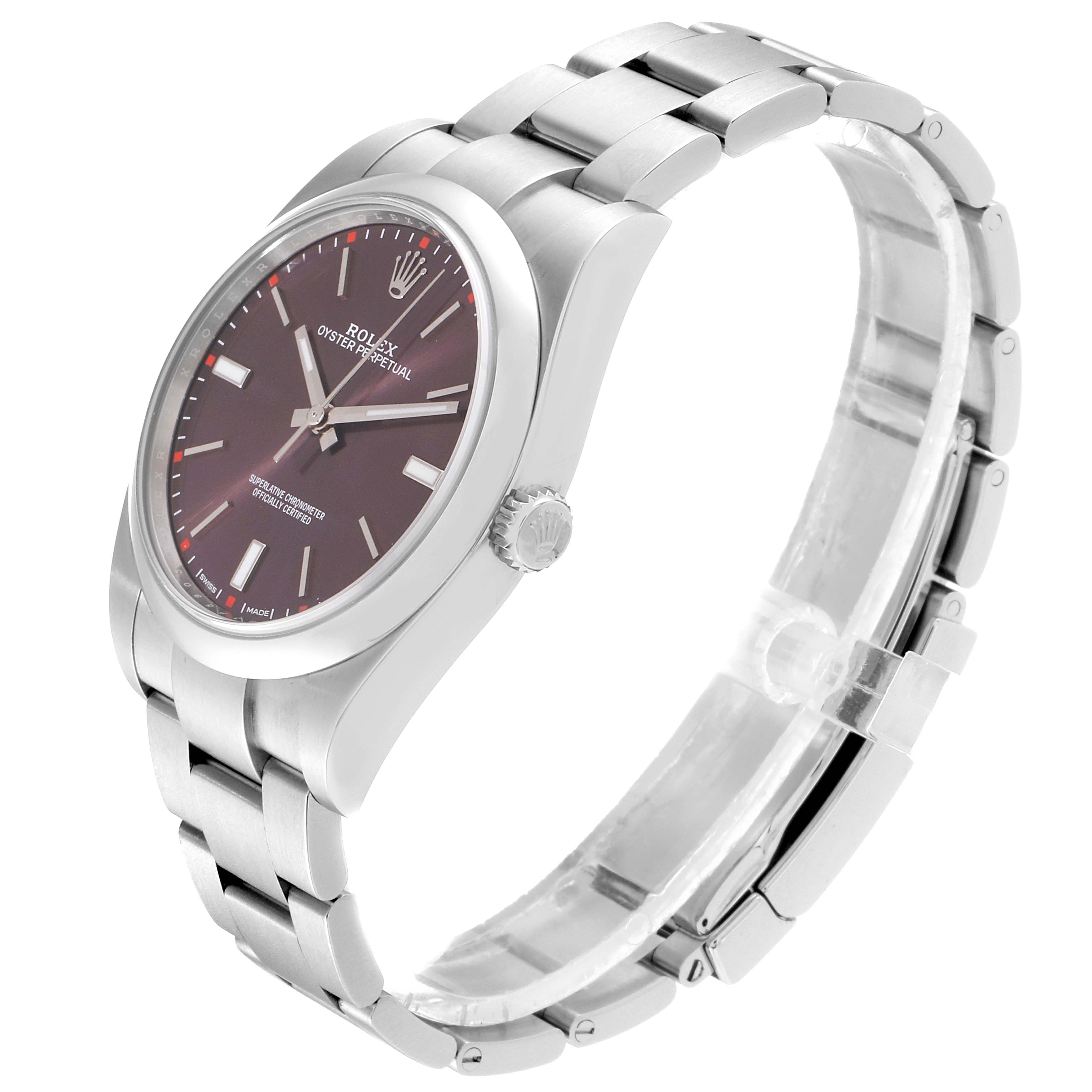 The image shows a side angle view of a Rolex Oyster Perpetual 114300 Men's Stainless Steel Burgundy Dial 114300 Men's Stainless Steel Burgundy Dial watch, highlighting the dial, crown, and bracelet.
