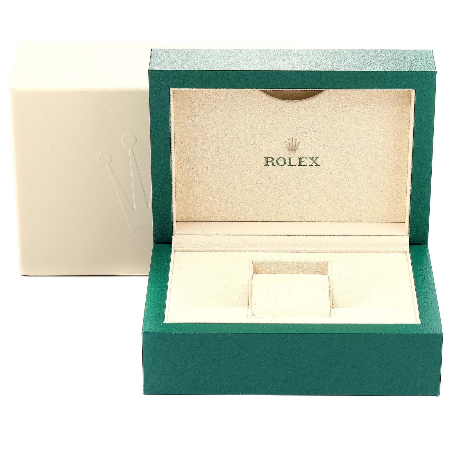 This image shows an empty Rolex Oyster Perpetual 114300 Men's Stainless Steel Burgundy Dial 114300 Men's Stainless Steel Burgundy Dial watch box, with the lid open and the cushion removed.