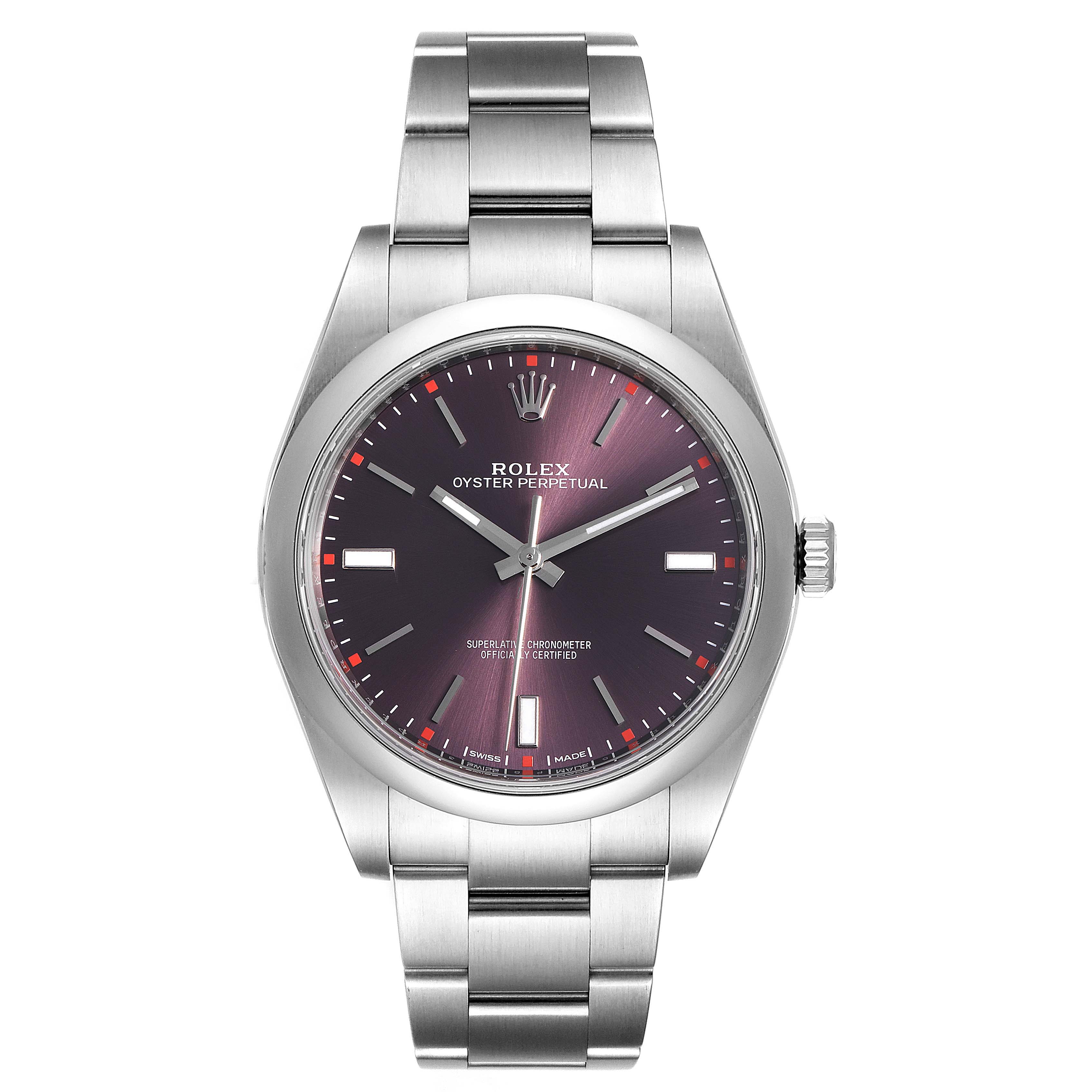 The image shows a front-facing view of a Rolex Oyster Perpetual 114300 Men's Stainless Steel Burgundy Dial 114300 Men's Stainless Steel Burgundy Dial watch, displaying the dial, bezel, and bracelet.