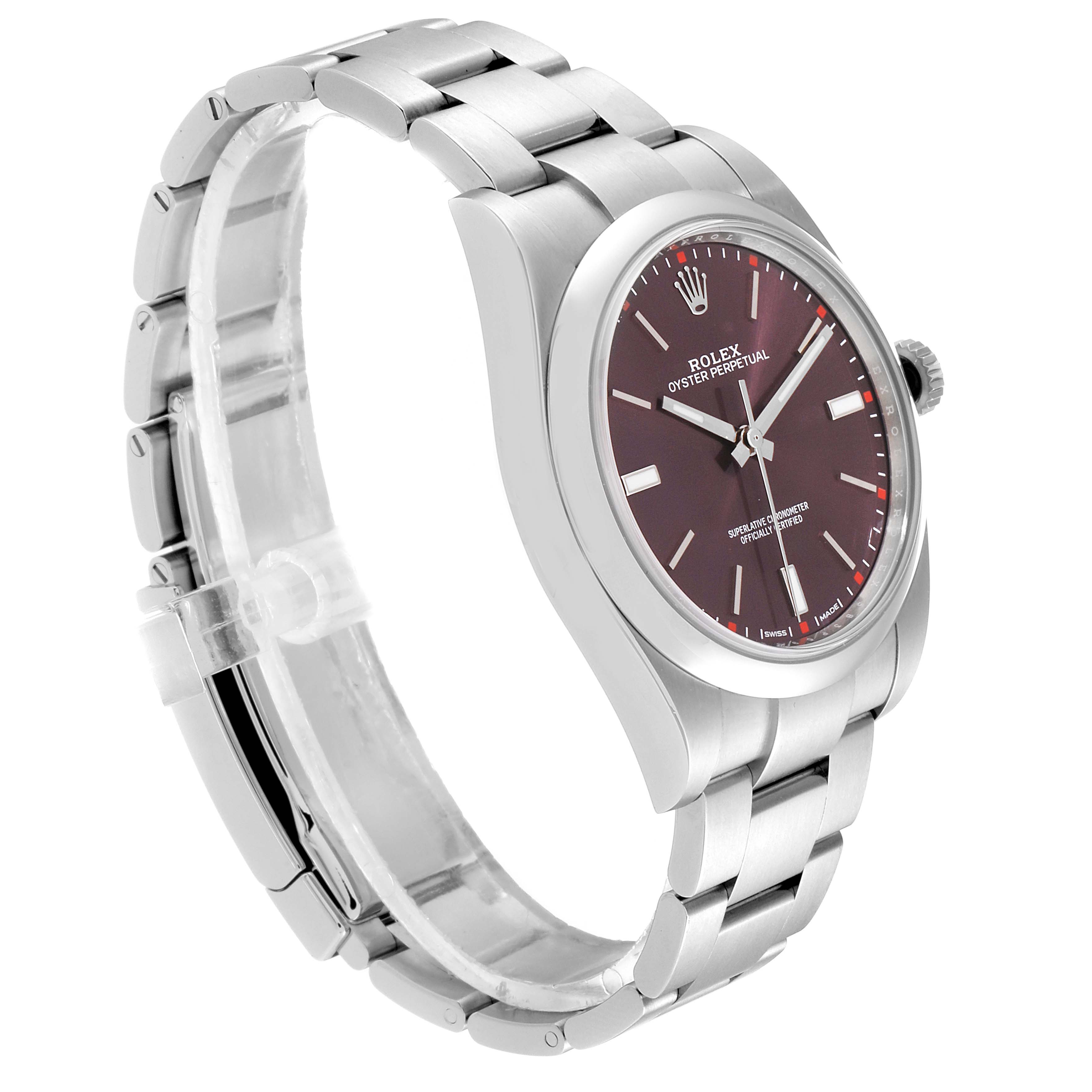 The Rolex Oyster Perpetual 114300 Men's Stainless Steel Burgundy Dial 114300 Men's Stainless Steel Burgundy Dial watch is shown at a three-quarter angle, highlighting the case, dial, and stainless steel bracelet.