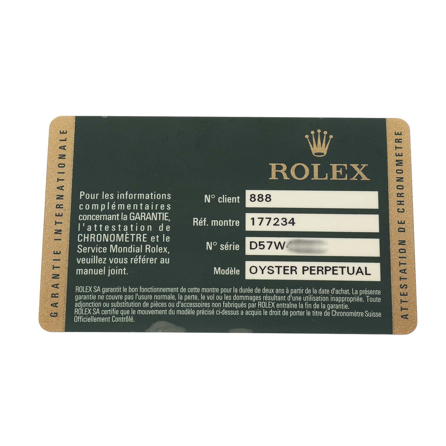 The image shows an information card for a Rolex Oyster Perpetual 177234 Women's Stainless Steel Black Dial watch, displaying serial and model numbers.