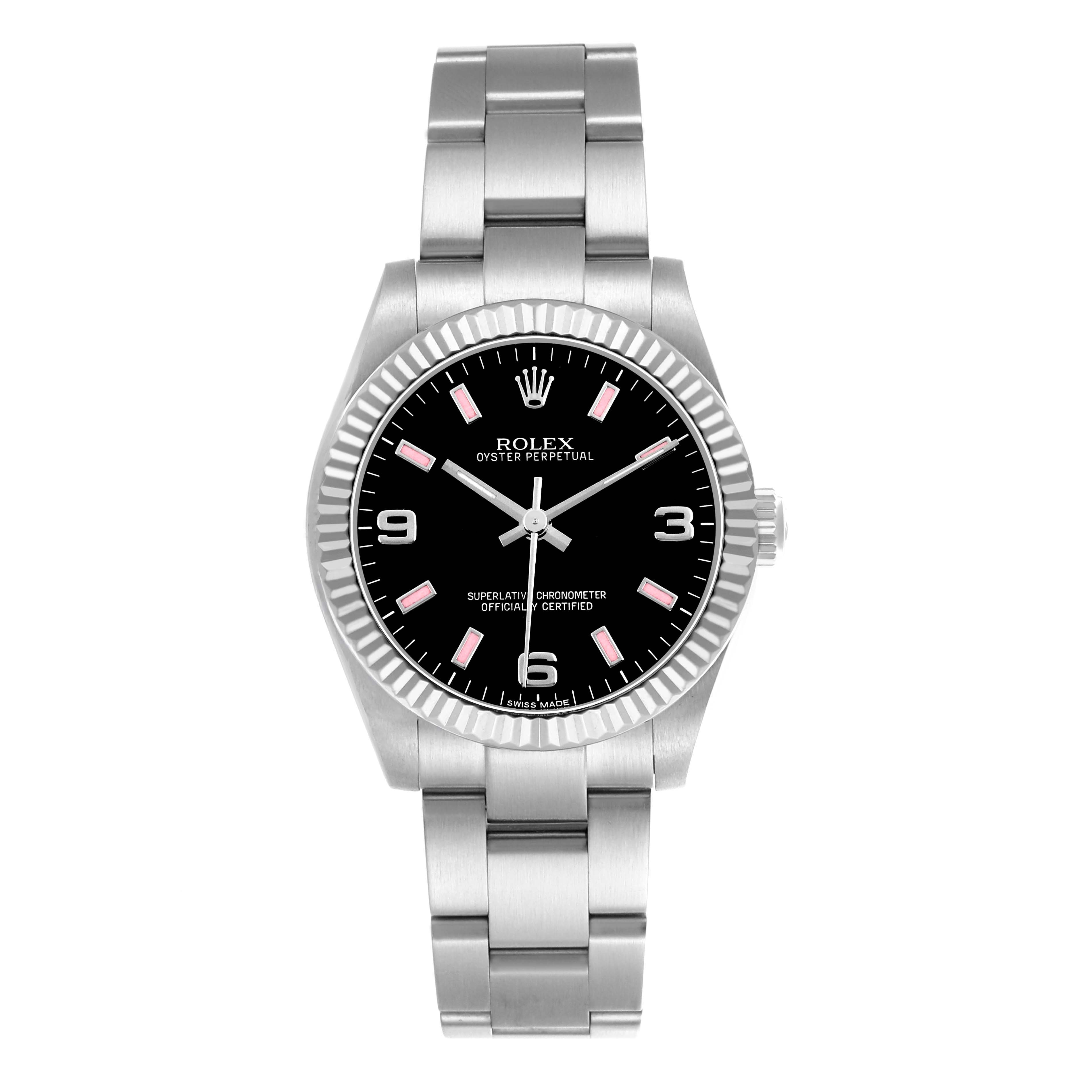 The Rolex Oyster Perpetual 177234 Women's Stainless Steel Black Dial watch is shown from the front, displaying its bracelet, bezel, and black dial with markings.