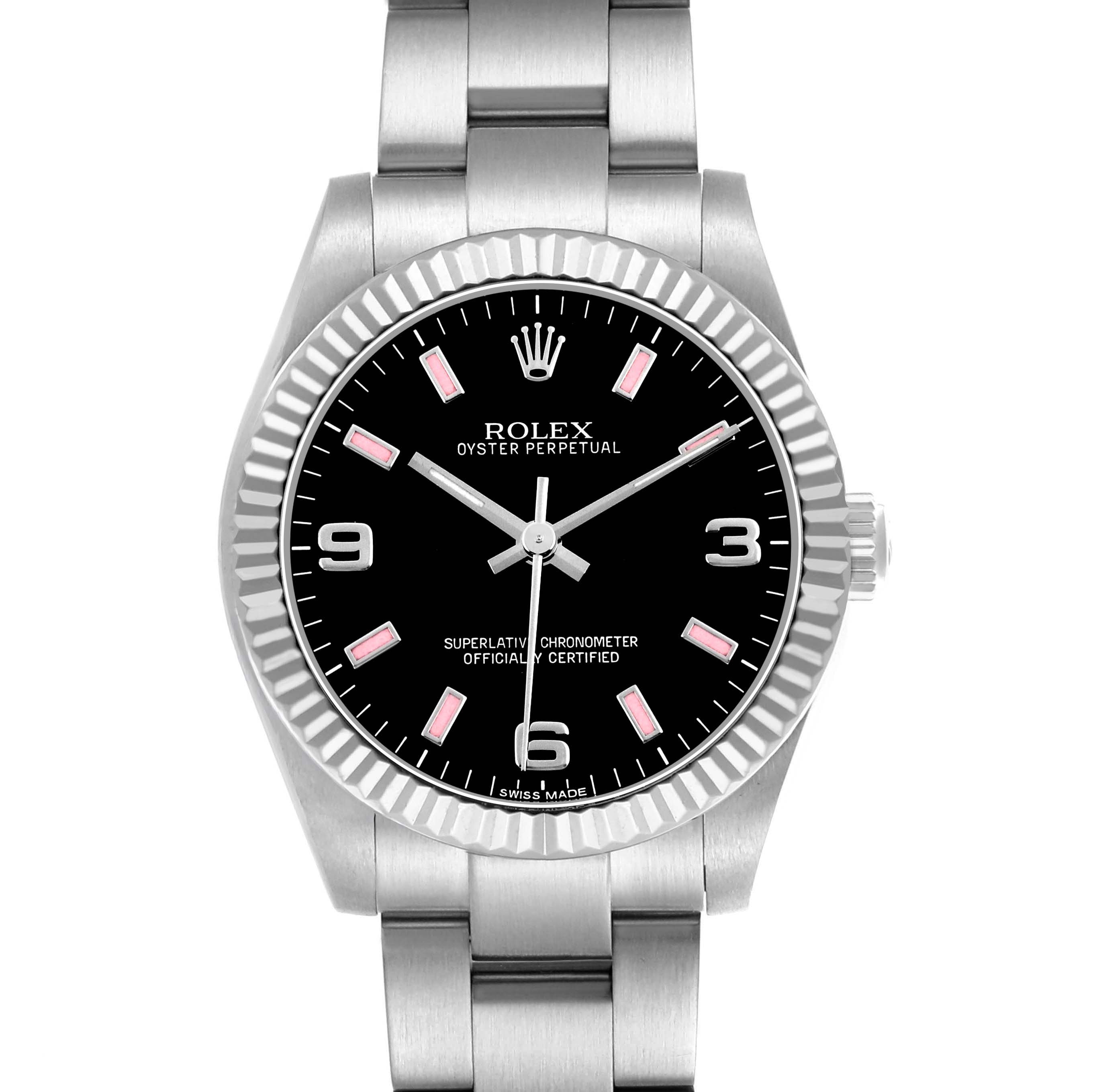 The image shows a frontal view of the Rolex Oyster Perpetual 177234 Women's Stainless Steel Black Dial, displaying the dial, bezel, and part of the bracelet.