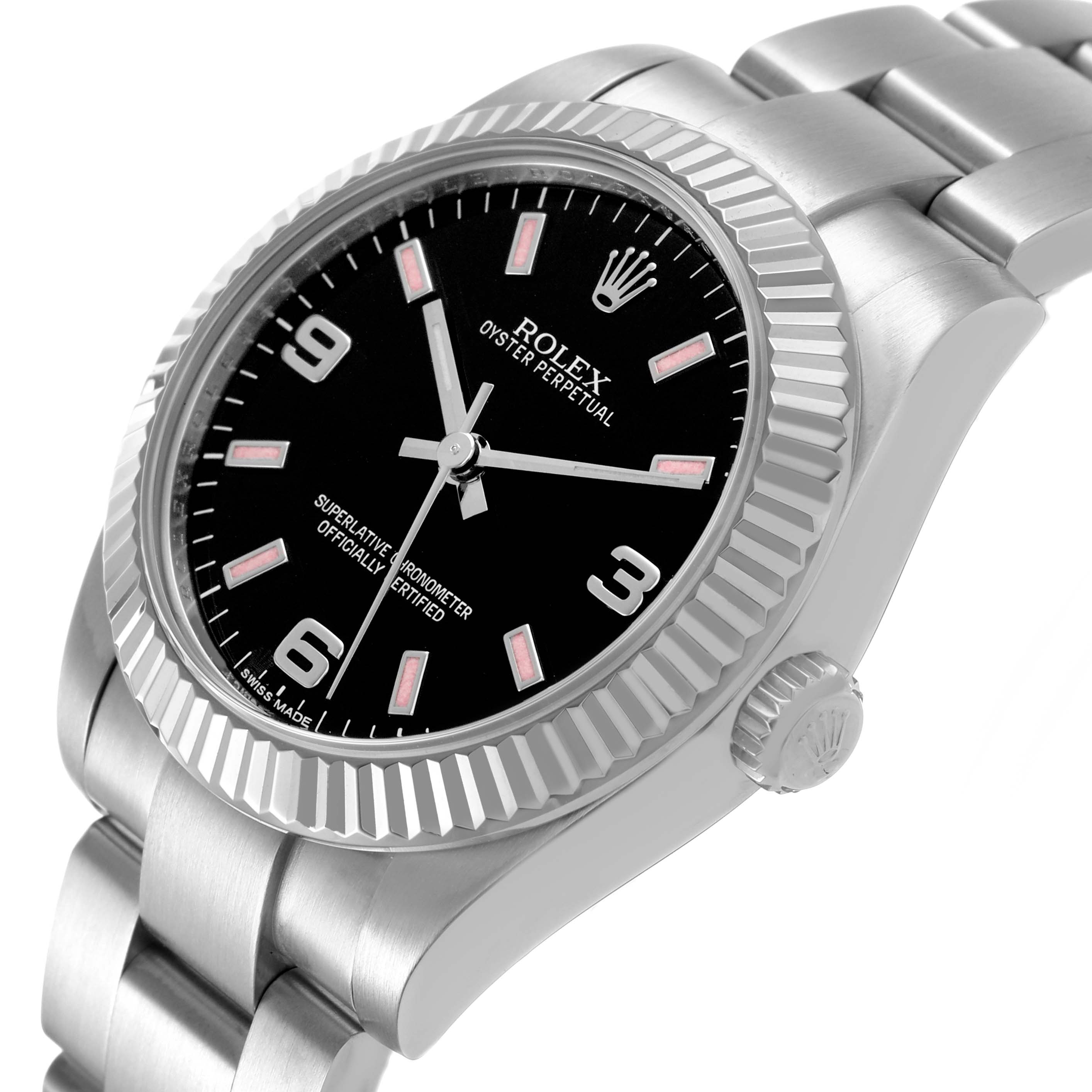 The Rolex Oyster Perpetual 177234 Women's Stainless Steel Black Dial watch is shown at an angled side view, highlighting its fluted bezel, dial, crown, and bracelet.