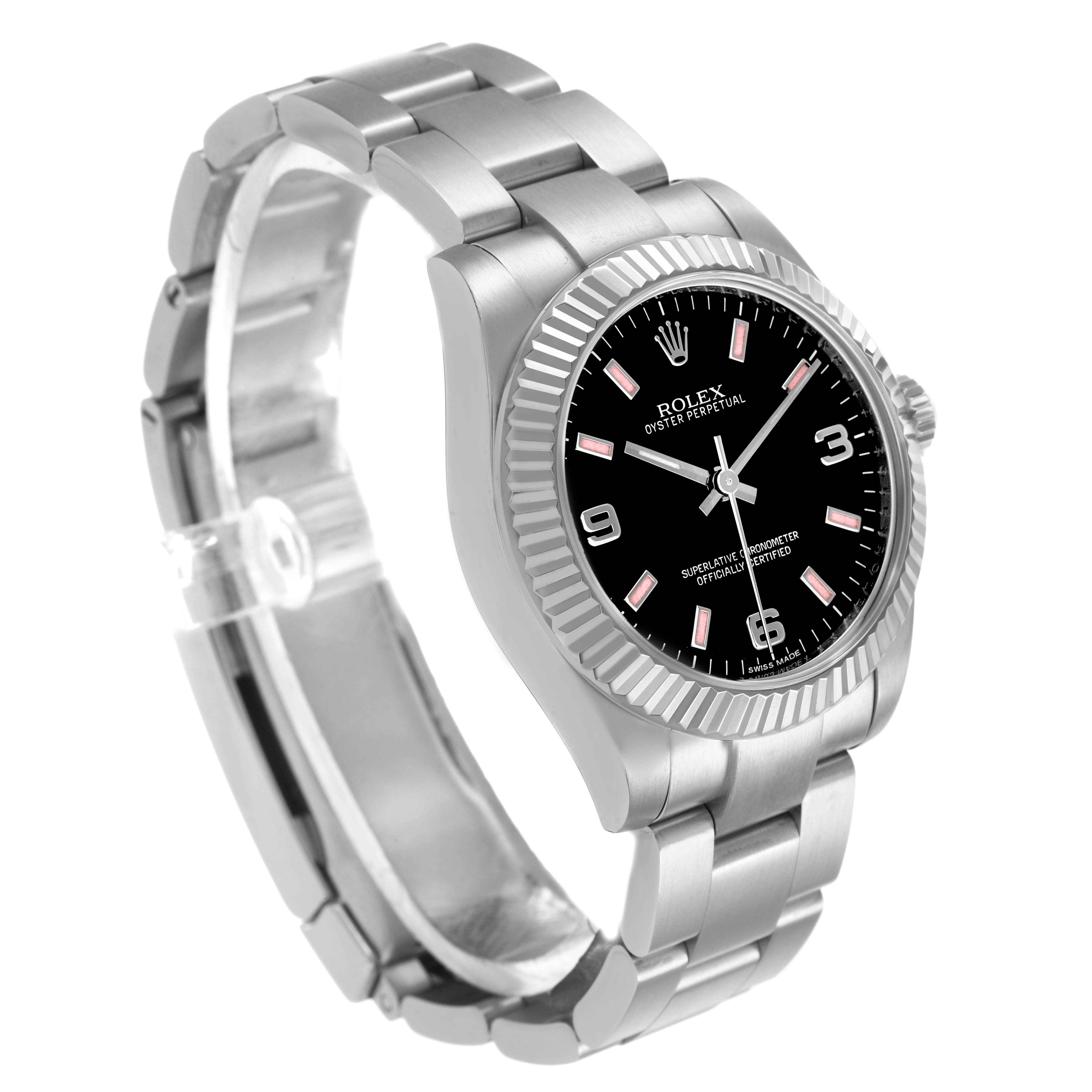 The Rolex Oyster Perpetual 177234 Women's Stainless Steel Black Dial watch is shown at a three-quarter angle, displaying the bezel, dial, and stainless steel bracelet.