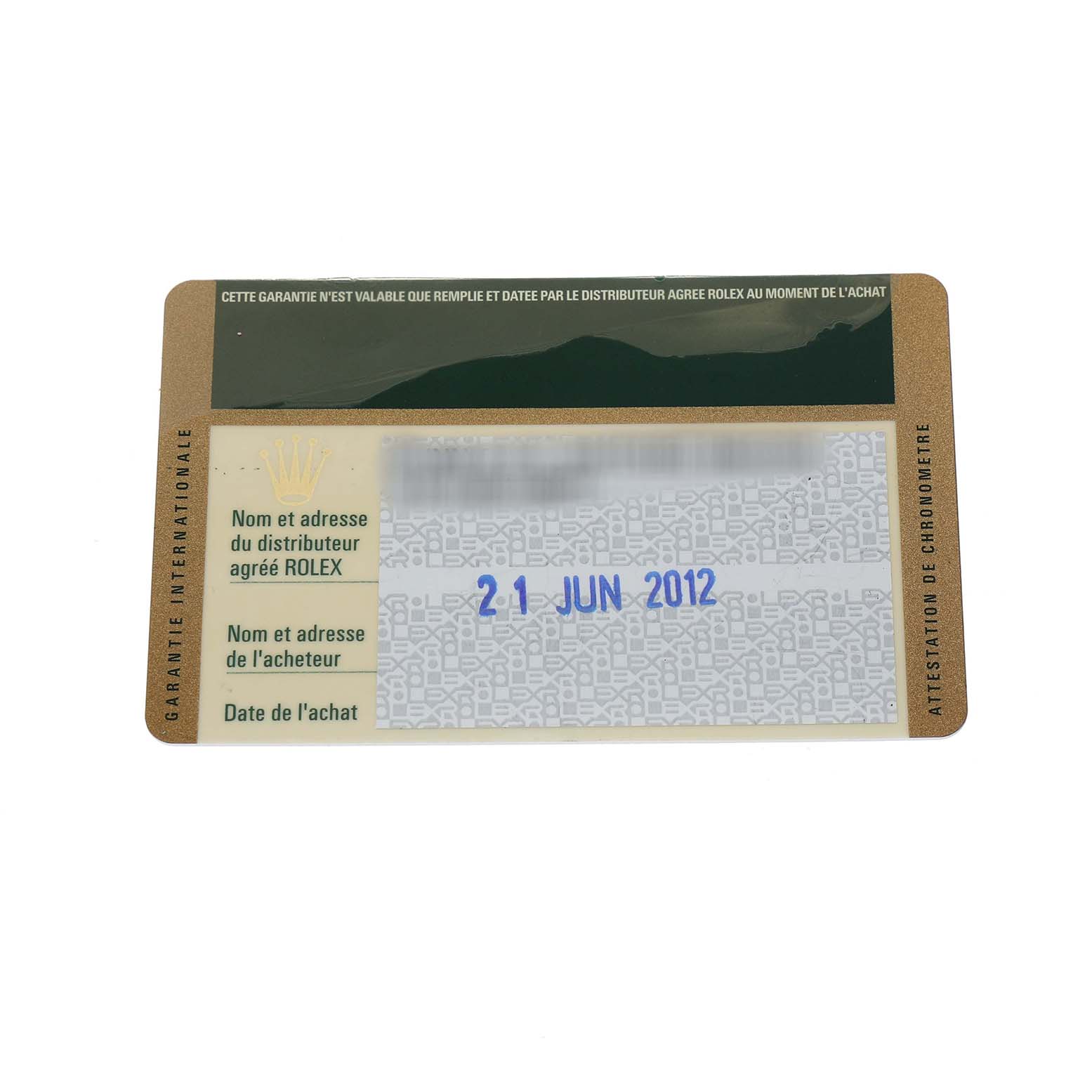 This image shows a warranty card for a Rolex Oyster Perpetual 177234 Women's Stainless Steel Black Dial watch, displaying purchase information.