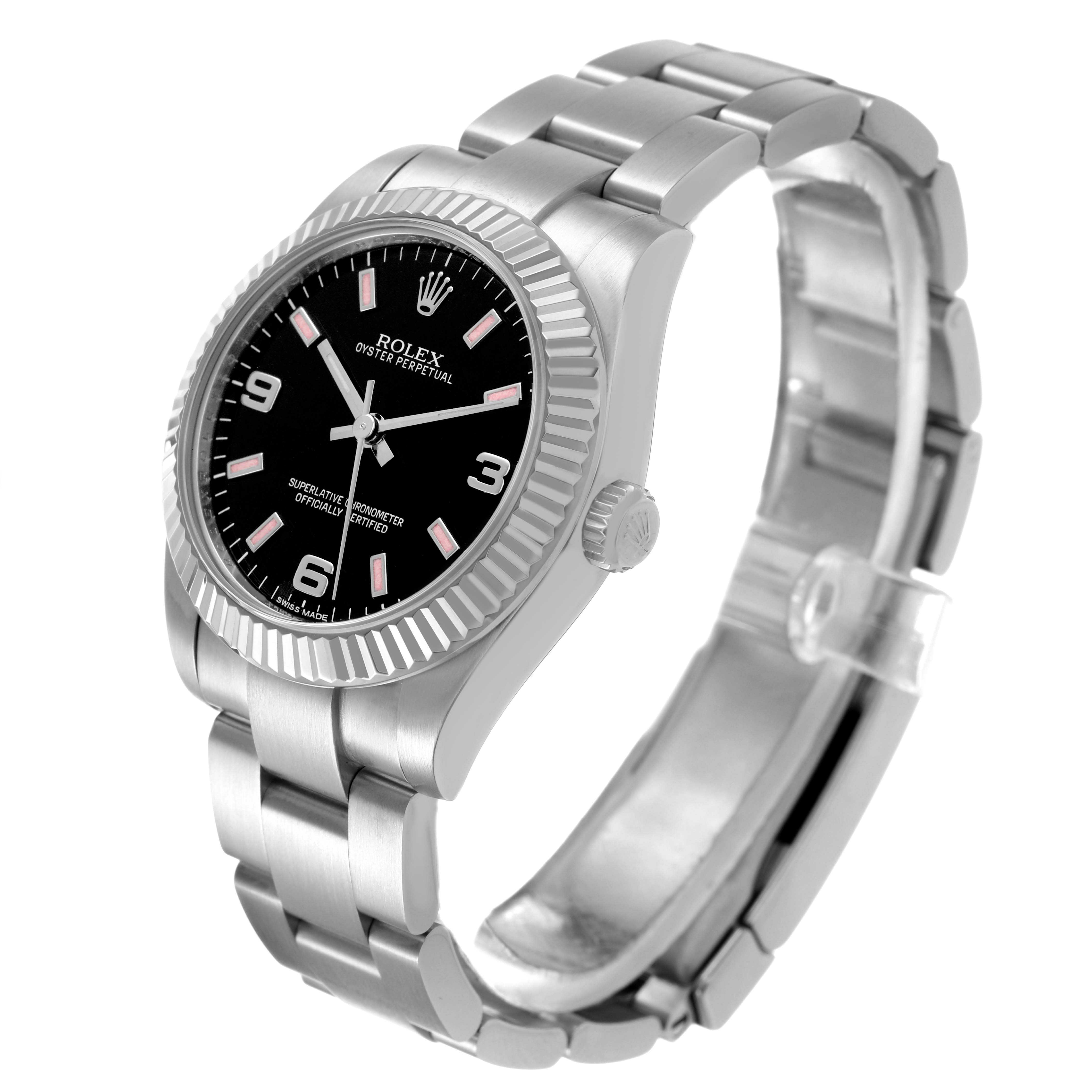 The Rolex Oyster Perpetual 177234 Women's Stainless Steel Black Dial watch is shown in a three-quarter view, highlighting the bezel, dial, and bracelet.