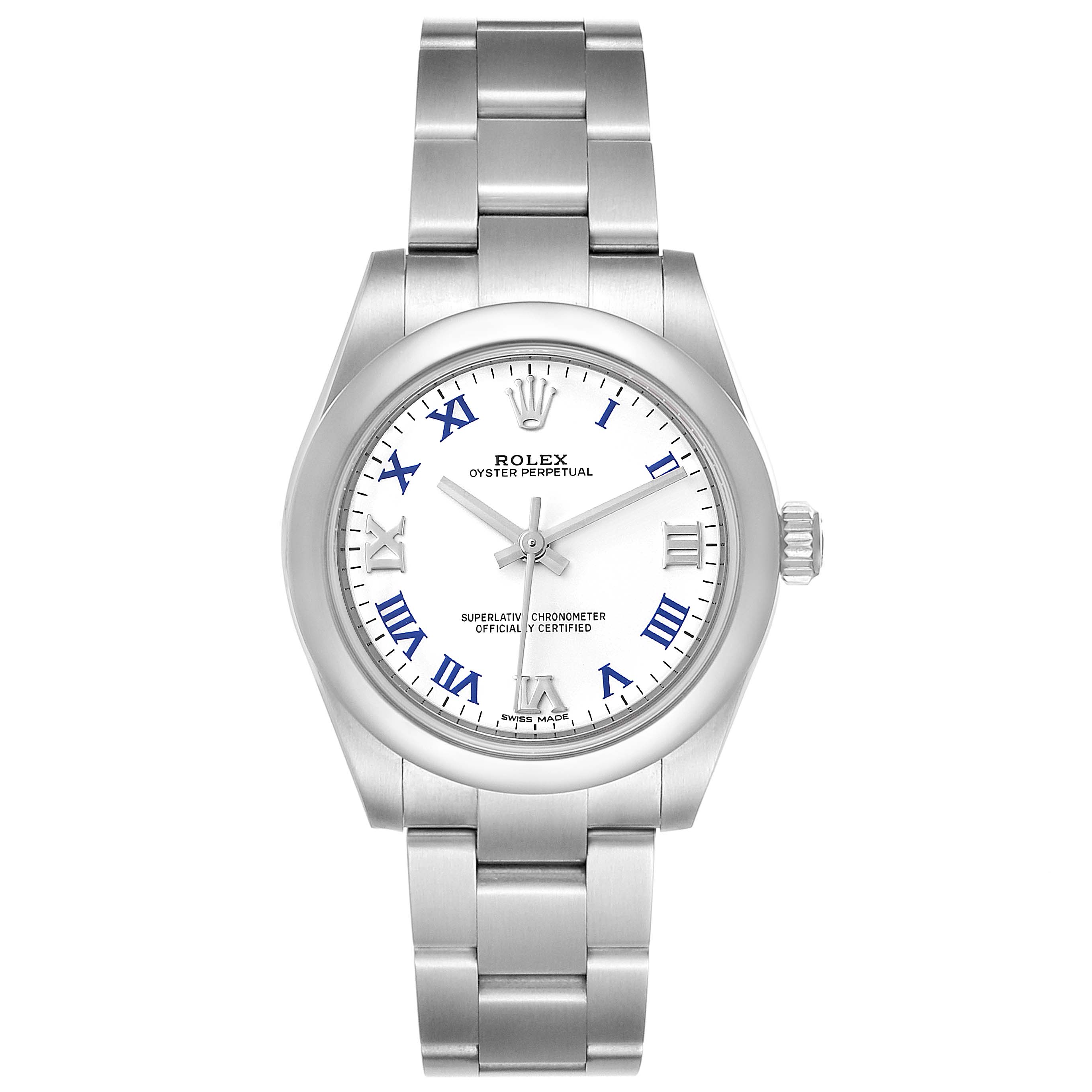 The image displays a front view of a Rolex Oyster Perpetual Mid-Size watch, showcasing its entire face, bracelet, and bezel.