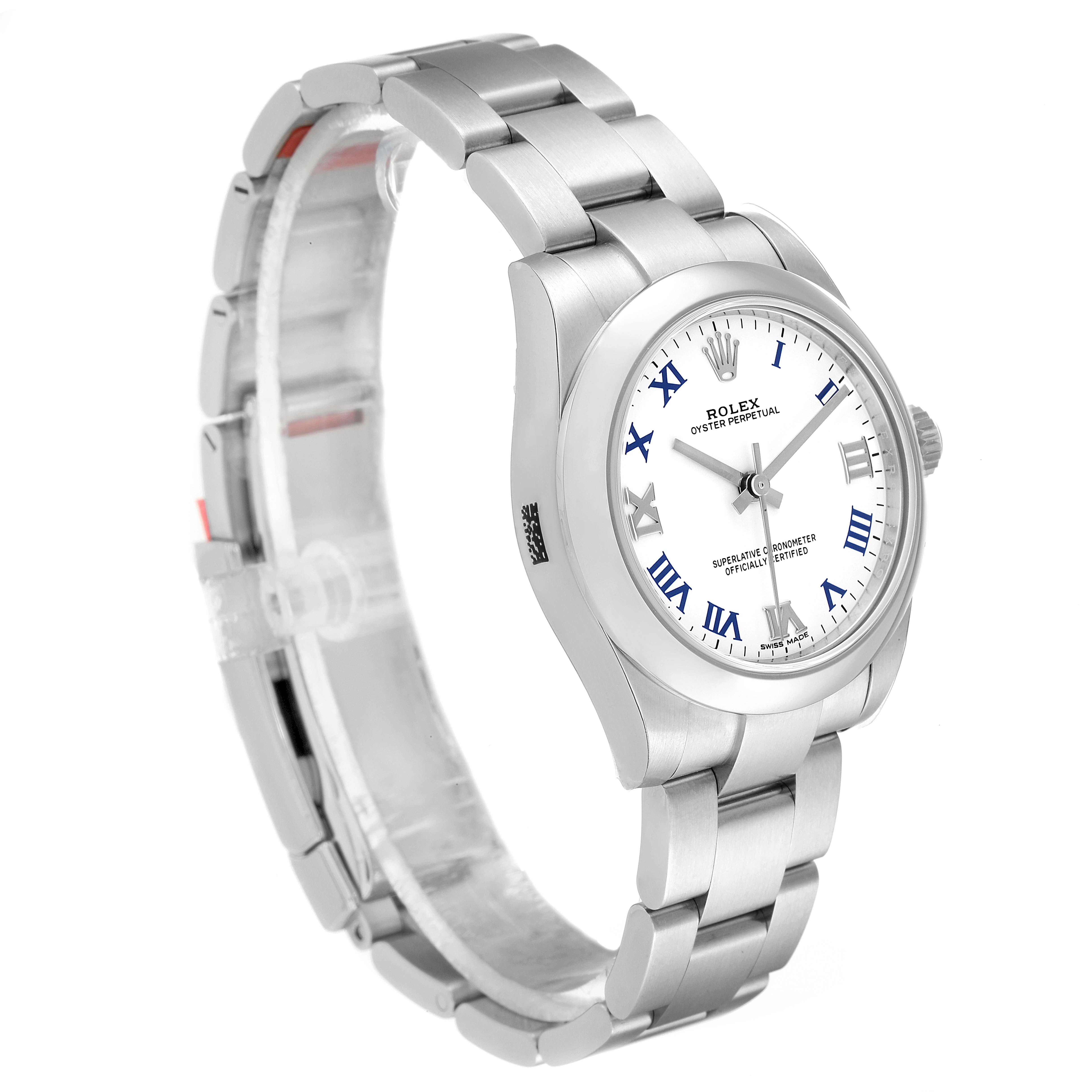 The image shows a side view of a Mid-Size Rolex Oyster Perpetual watch, highlighting the bracelet, case, and dial.