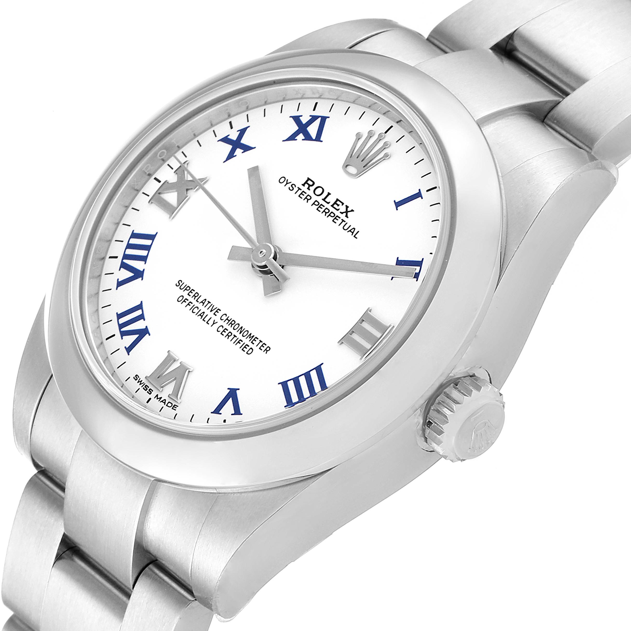 The Rolex Mid-Size 177200 Women
s Stainless Steel White Dial 177200 Women
s Stainless Steel White Dial Oyster Perpetual watch is shown from a tilted top view, highlighting the white dial, blue Roman numerals, and bracelet.
