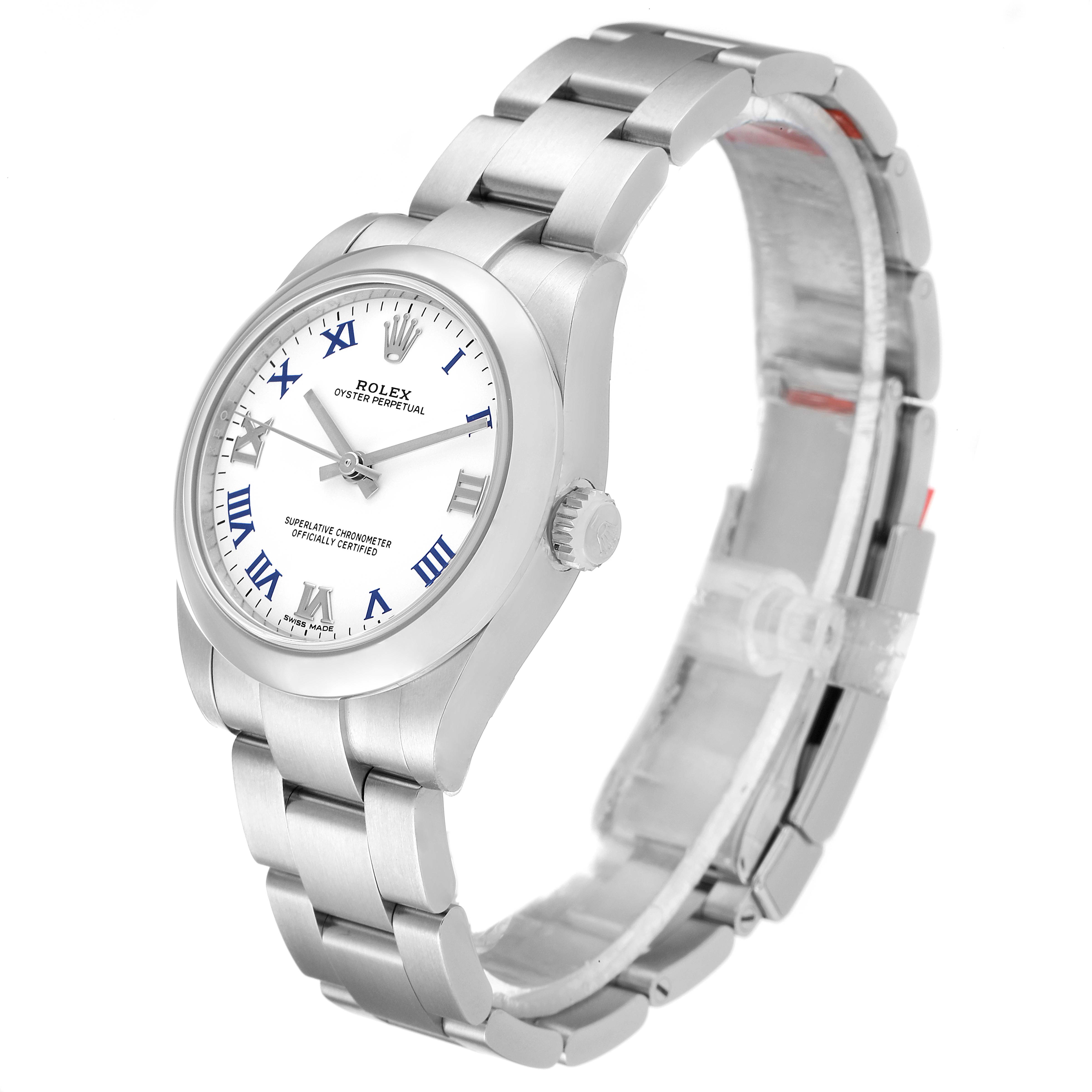 The image shows a side angle of a Rolex Mid-Size 177200 Women
s Stainless Steel White Dial 177200 Women
s Stainless Steel White Dial Oyster Perpetual watch, highlighting its face, case, crown, and bracelet.