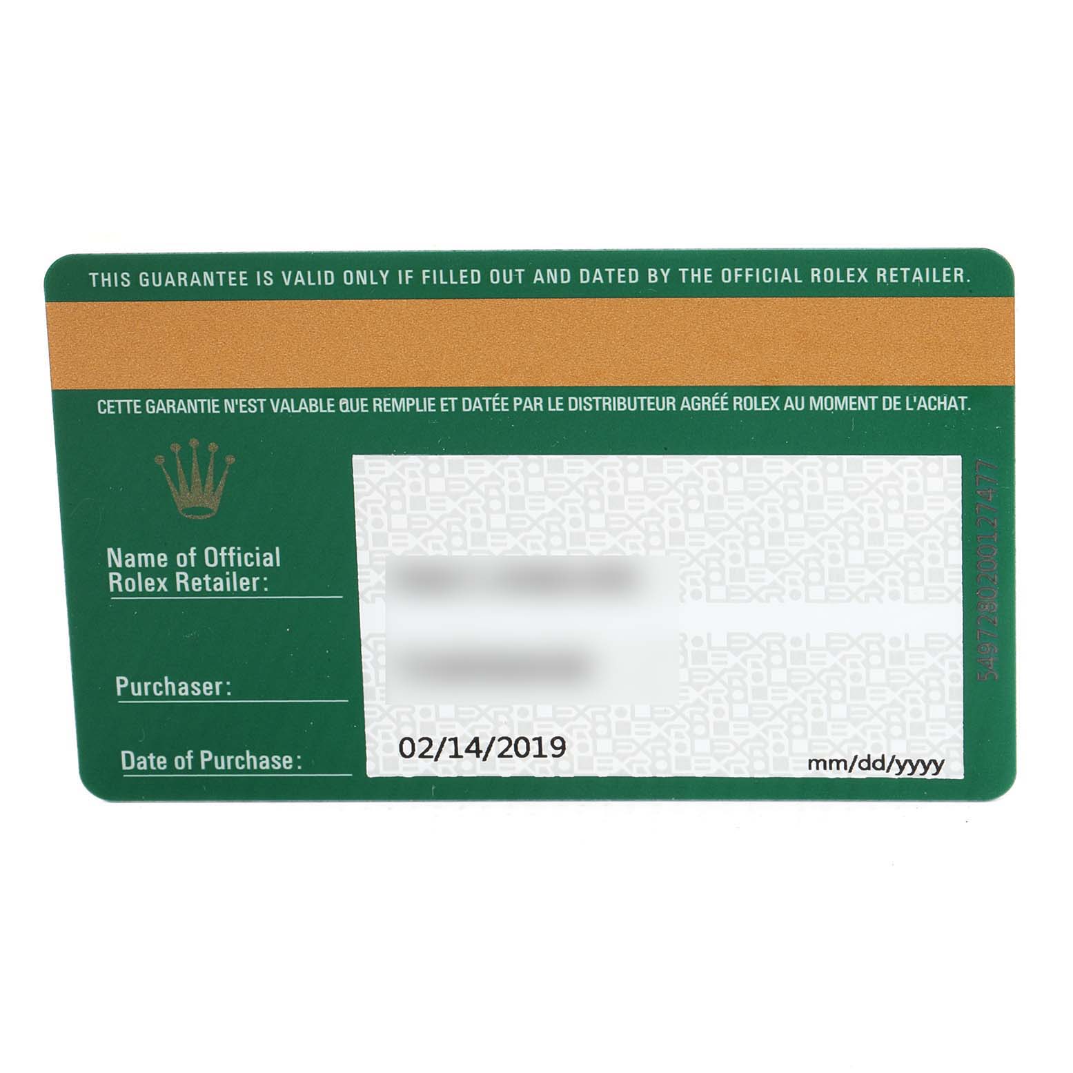 The image shows a guarantee card for a Rolex Mid-Size 177200 Women
s Stainless Steel White Dial 177200 Women
s Stainless Steel White Dial model, detailing the purchase date and retailer information.