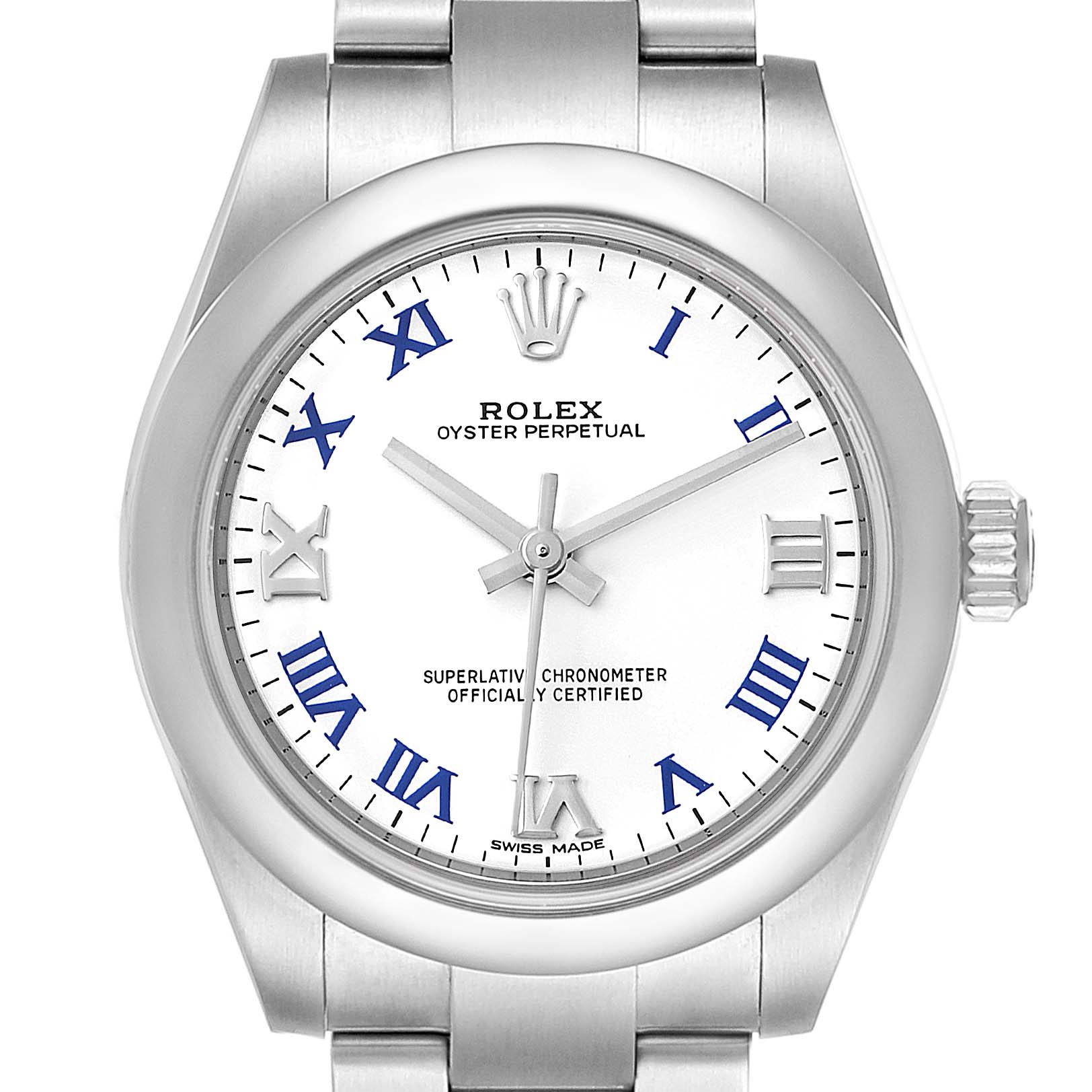 The image shows a front view of a Rolex Oyster Perpetual Mid-Size watch with a white dial and blue Roman numerals.