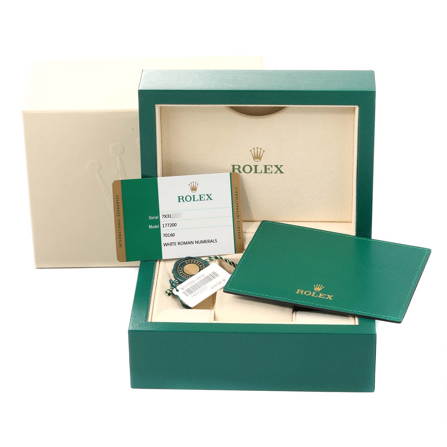 The image shows the packaging, warranty card, and accessories for a Mid-Size Rolex watch model 177200.