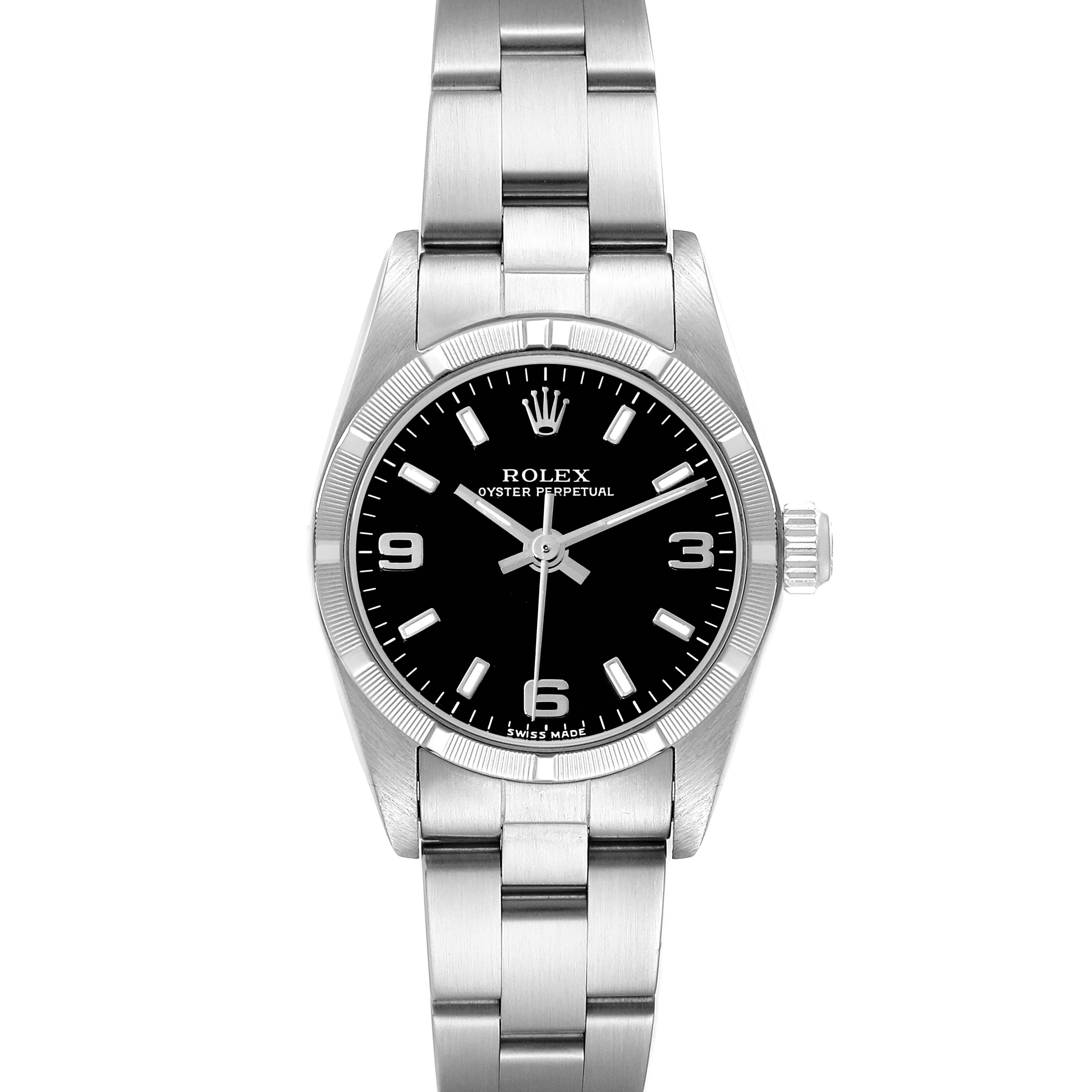 The image shows a front view of the Rolex Oyster Perpetual 76030 Women's Stainless Steel Black Dial 76030 Women's Stainless Steel Black Dial watch, displaying the black dial, hour markers, and stainless steel bracelet.